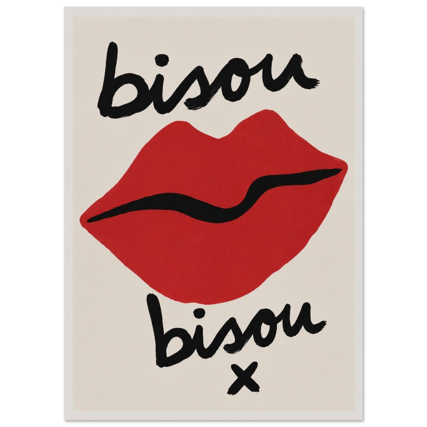 Red lips Poster with 'bisou' text on a beige background