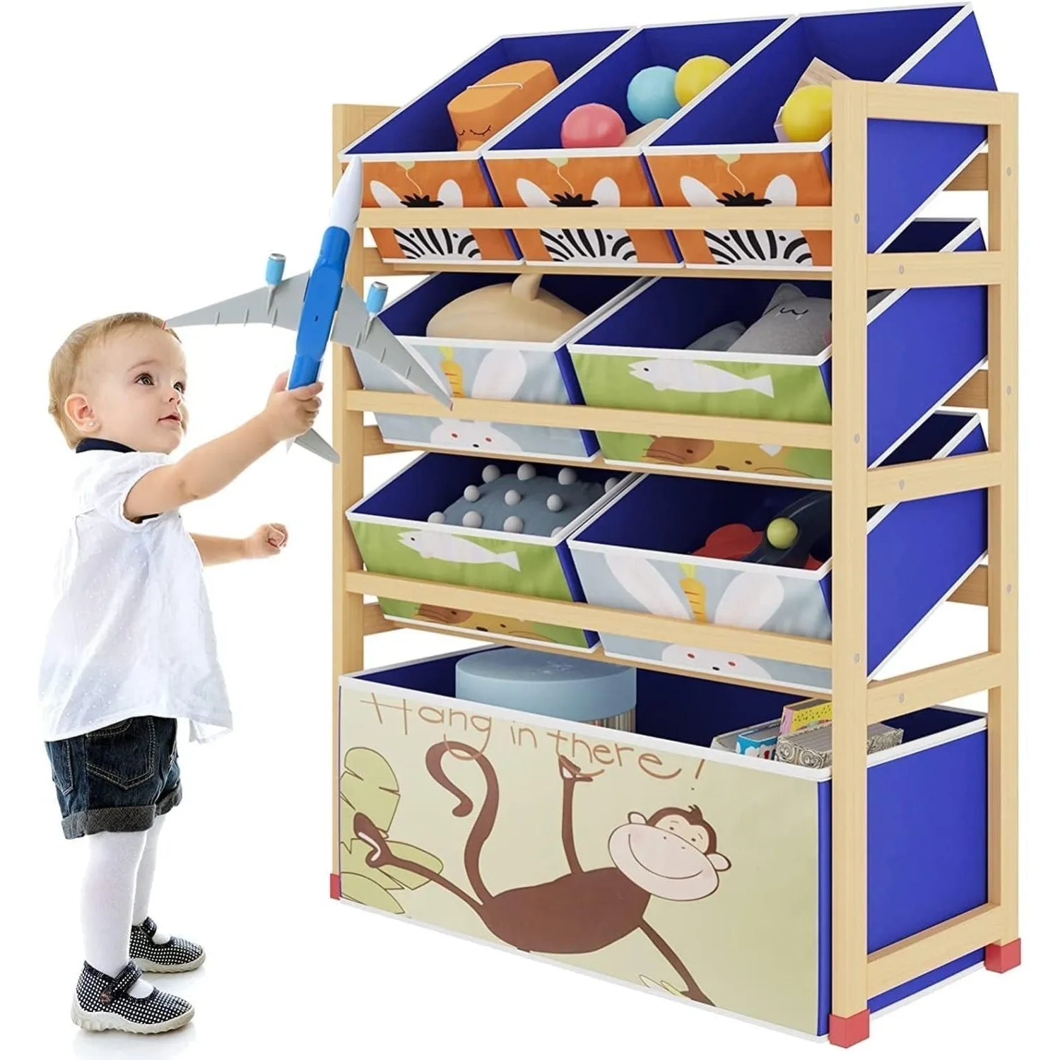 4 Tier Children'S Toy Organiser Shelf with 8 Removable Fabric Bins Boxes, Wooden Toy Organiser Rack for Nursery Playroom