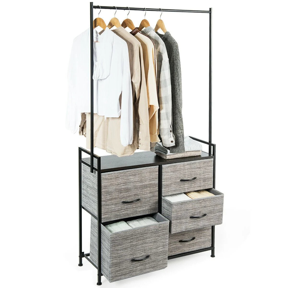Fabric Storage Organizer with Clothes Rack and Drawers