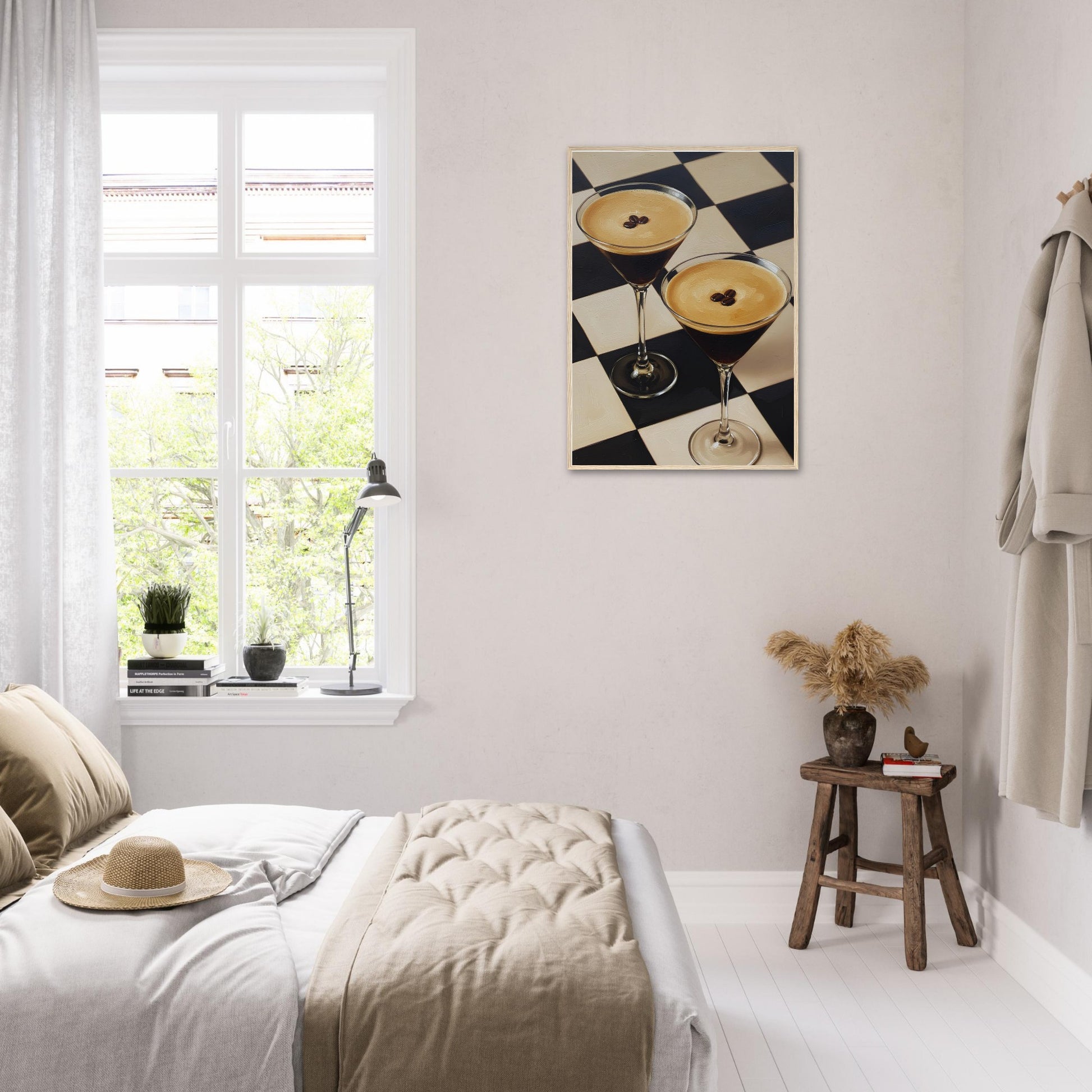 Espresso Martini framed wall art hanging above a bed in a bright, contemporary bedroom.