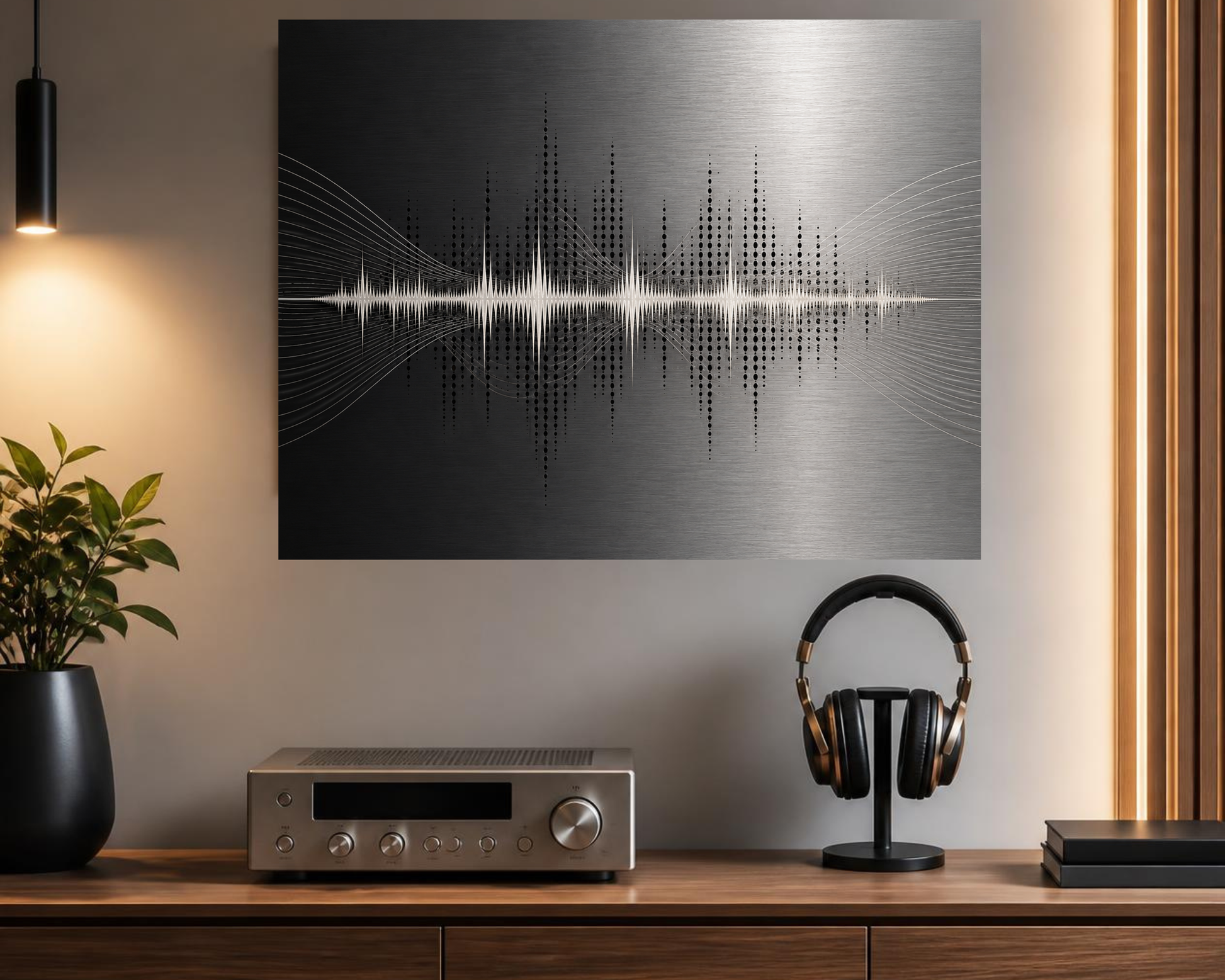 Abstract soundwave aluminium wall art displayed above a wooden media console in a modern listening room with turntable and headphones.