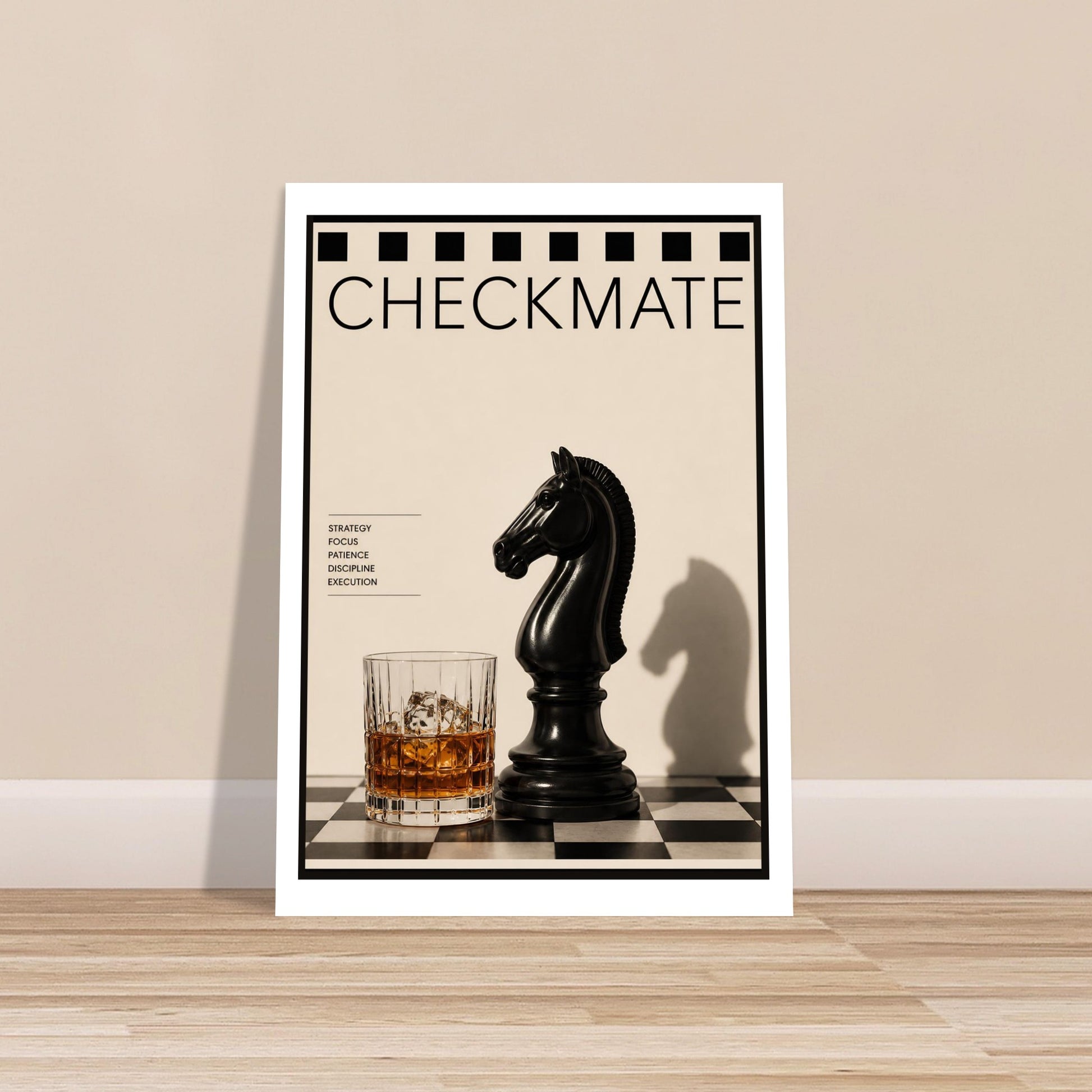 Framed Checkmate black knight poster mockup on minimalist neutral background