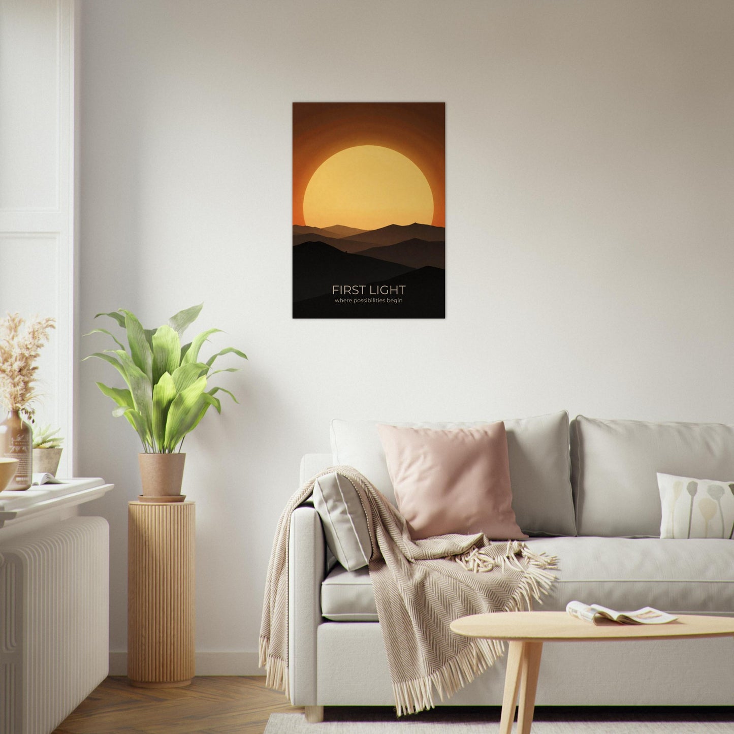 First Light wall art featured in a cosy lounge, showcasing a minimalist sunrise landscape with warm amber and orange tones.