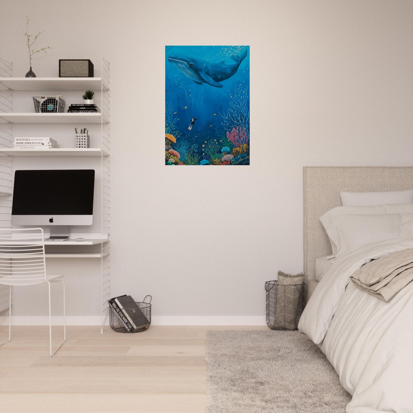 Room interior with a bed, desk, and wall art of an underwater scene.