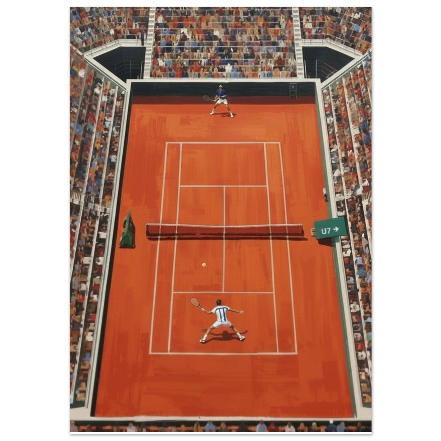 Poster of a tennis match on a red court with spectators in the stands.