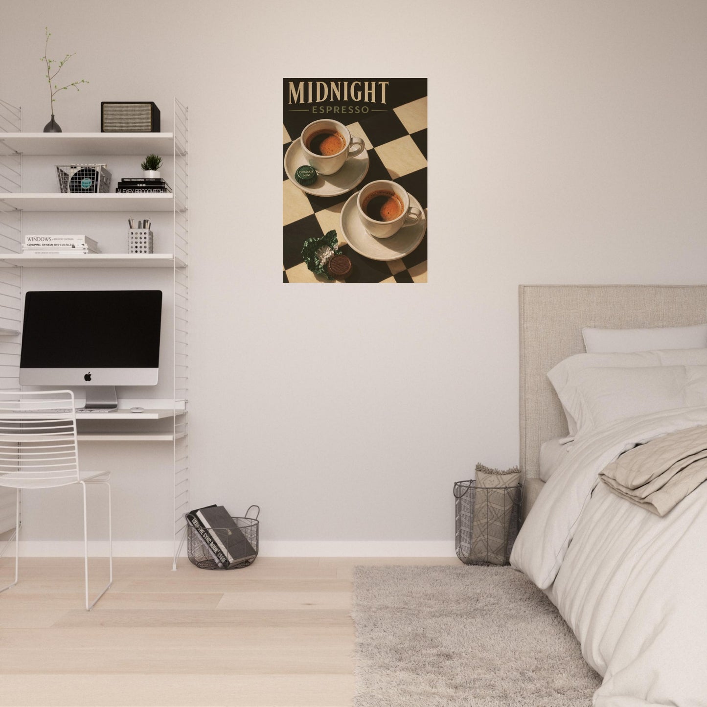 Midnight Espresso coffee poster displayed in a softly styled neutral bedroom interior.