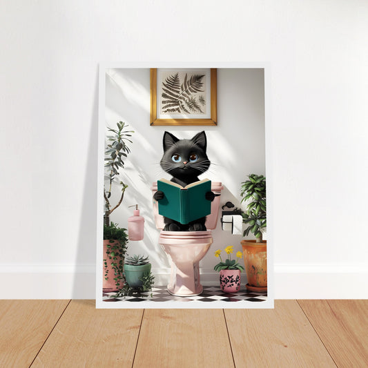 Framed poster of a black cat with blue eyes reading on a pink toilet in a modern plant-filled room – quirky cat-themed bathroom wall art