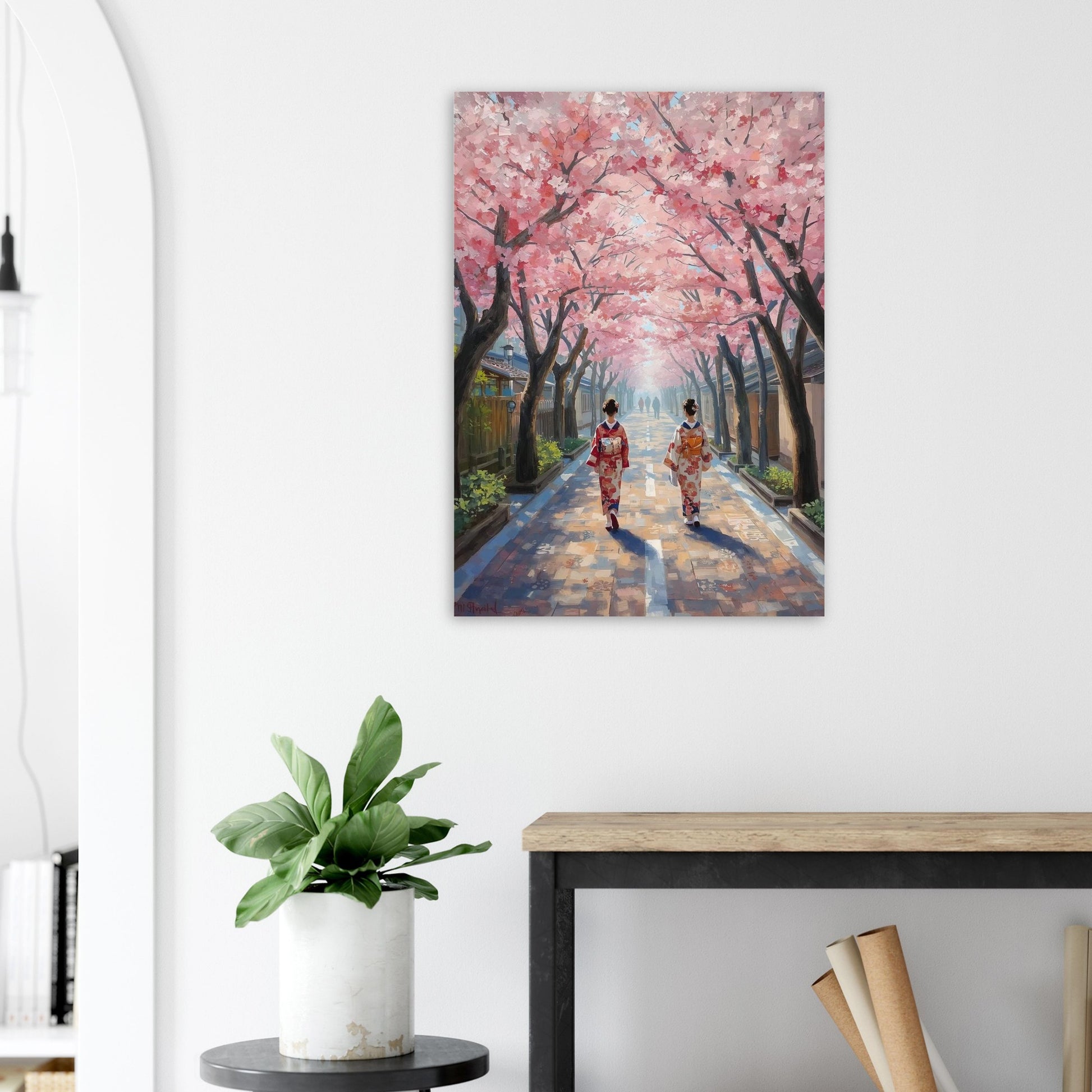 Painting of two women in traditional Japanese attire walking under cherry blossom trees in a room with a plant and desk.