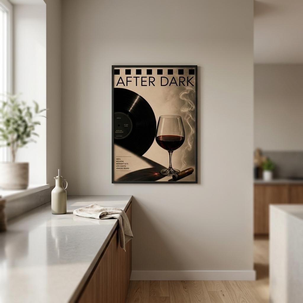 Framed artwork titled 'After Dark' on a wall above a kitchen counter.