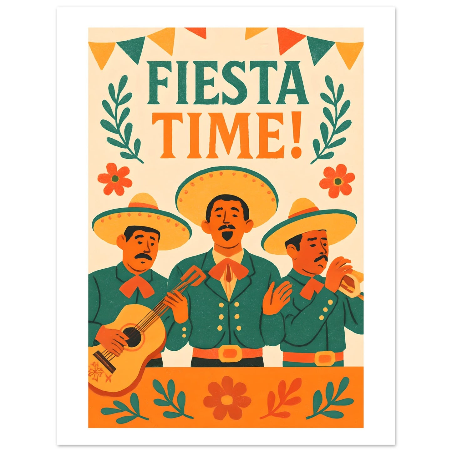 Illustration of three musicians in mariachi outfits with 'FIESTA TIME!' text on a beige background.