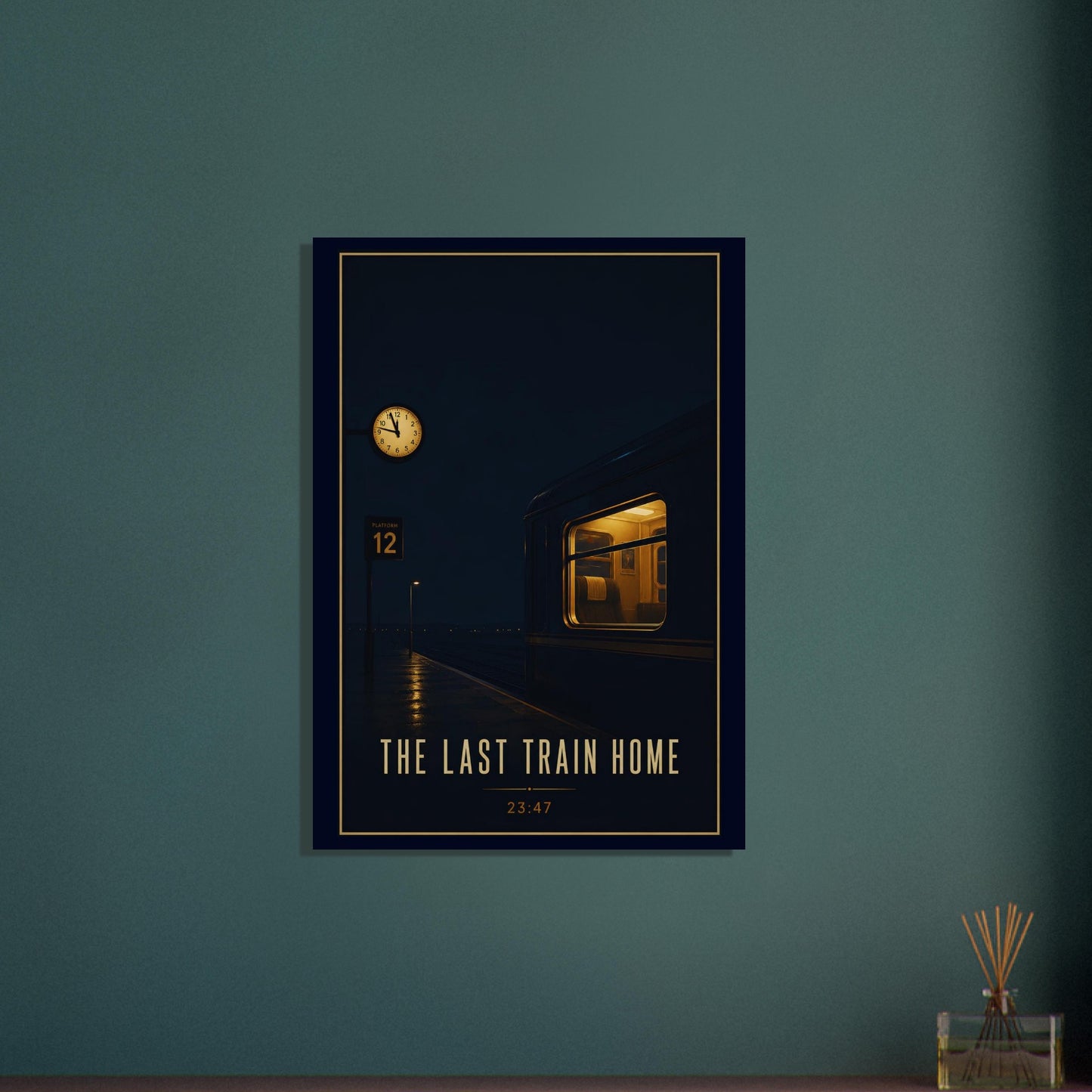 Framed artwork of a train station with 'The Last Train Home' text on a teal wall.
