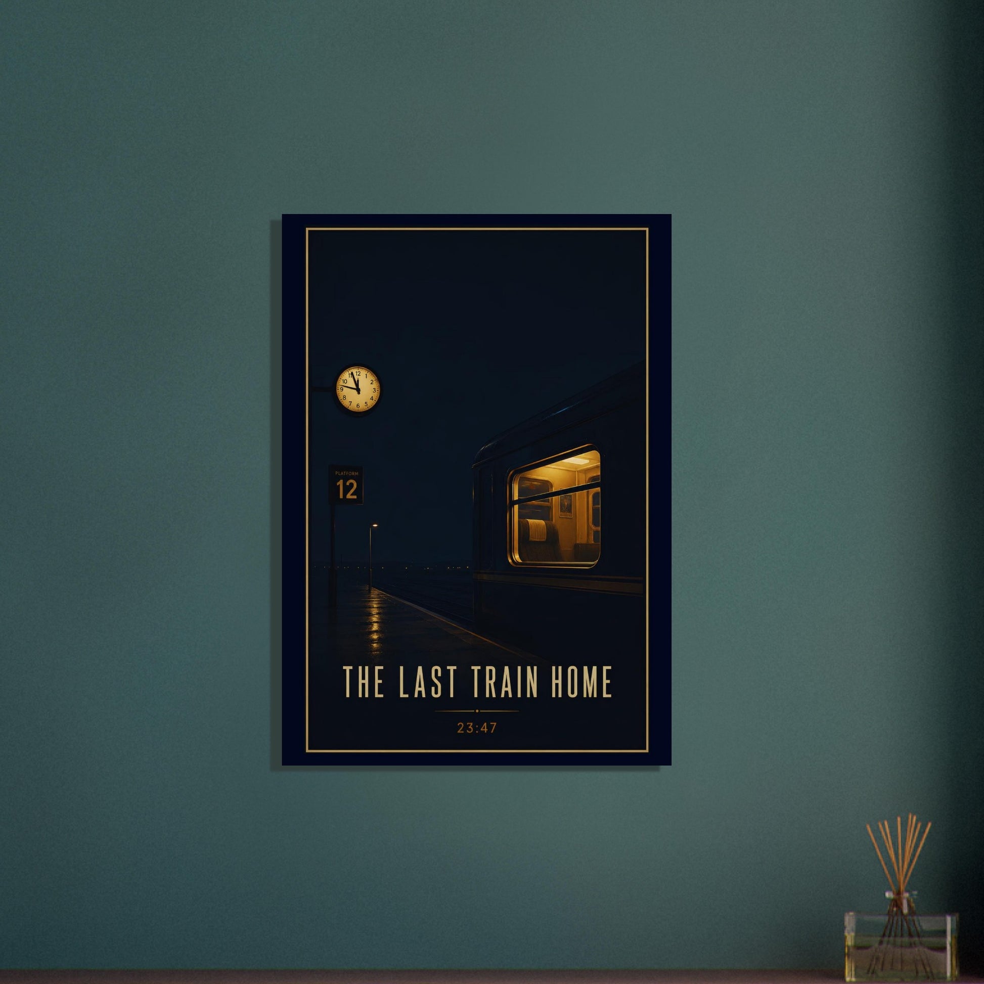 Framed artwork of a train station with 'The Last Train Home' text on a teal wall.