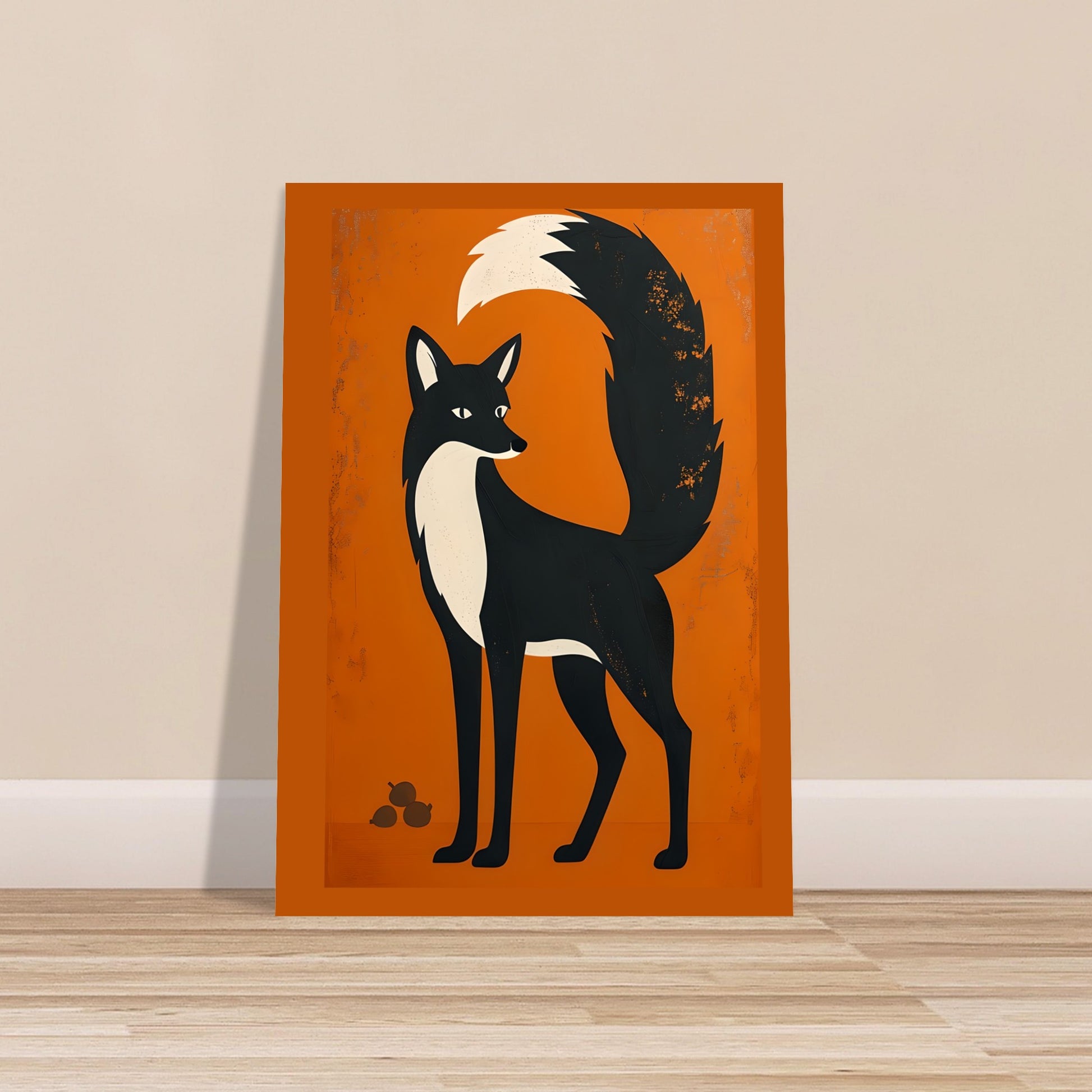 Poster of a fox design on an orange background in a room with wooden floor and beige wall.