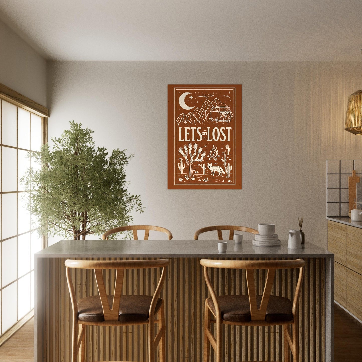 Dining area with a 'Let's Get Lost' poster on the wall, wooden chairs, and a table.