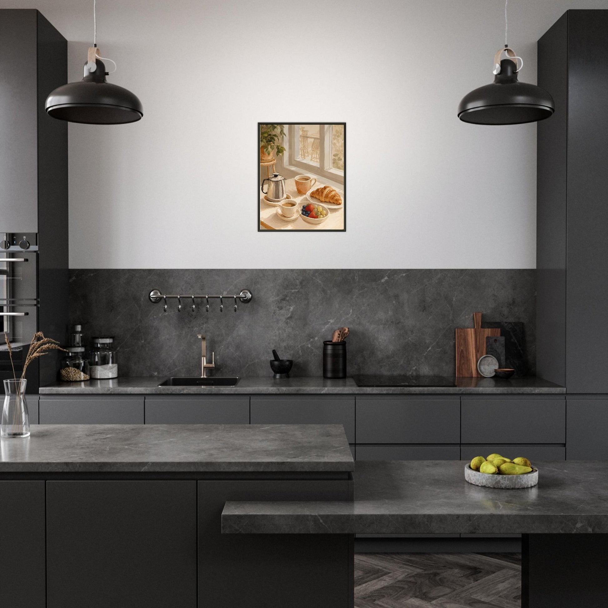 Modern kitchen with black pendant lights, gray countertops, and a wall art piece.