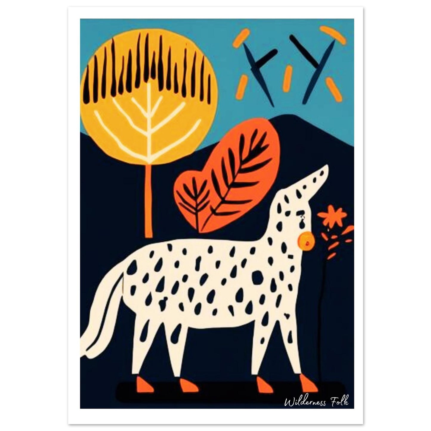 Illustration of a spotted animal with autumn leaves and trees on a blue background