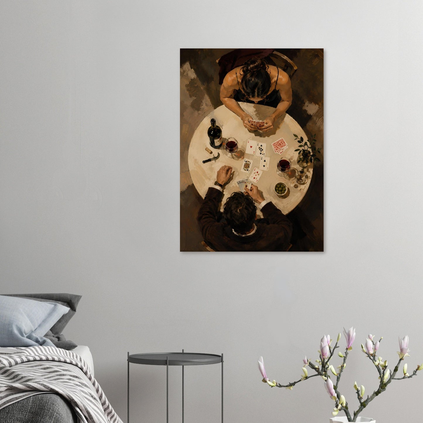 Painterly playing cards and wine wall art displayed in a minimalist contemporary room.