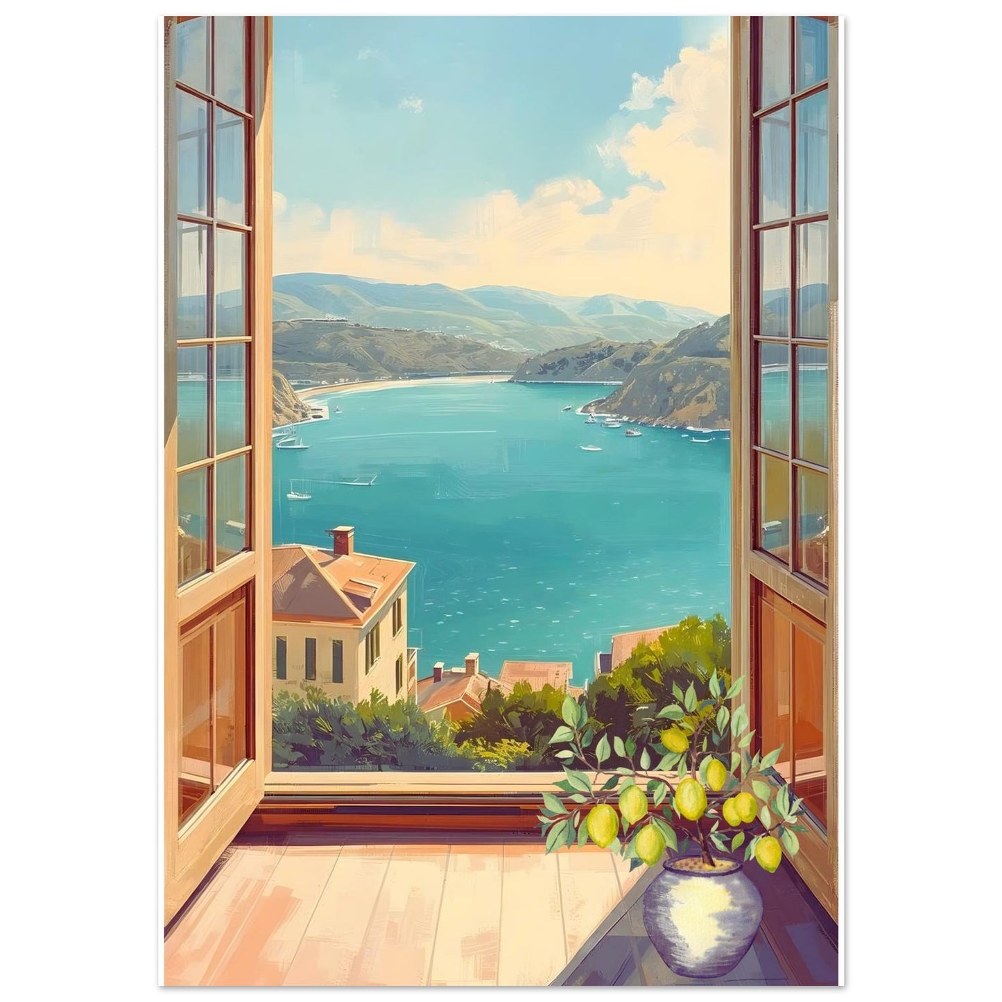 Open window view of a coastal landscape with mountains and a bay.