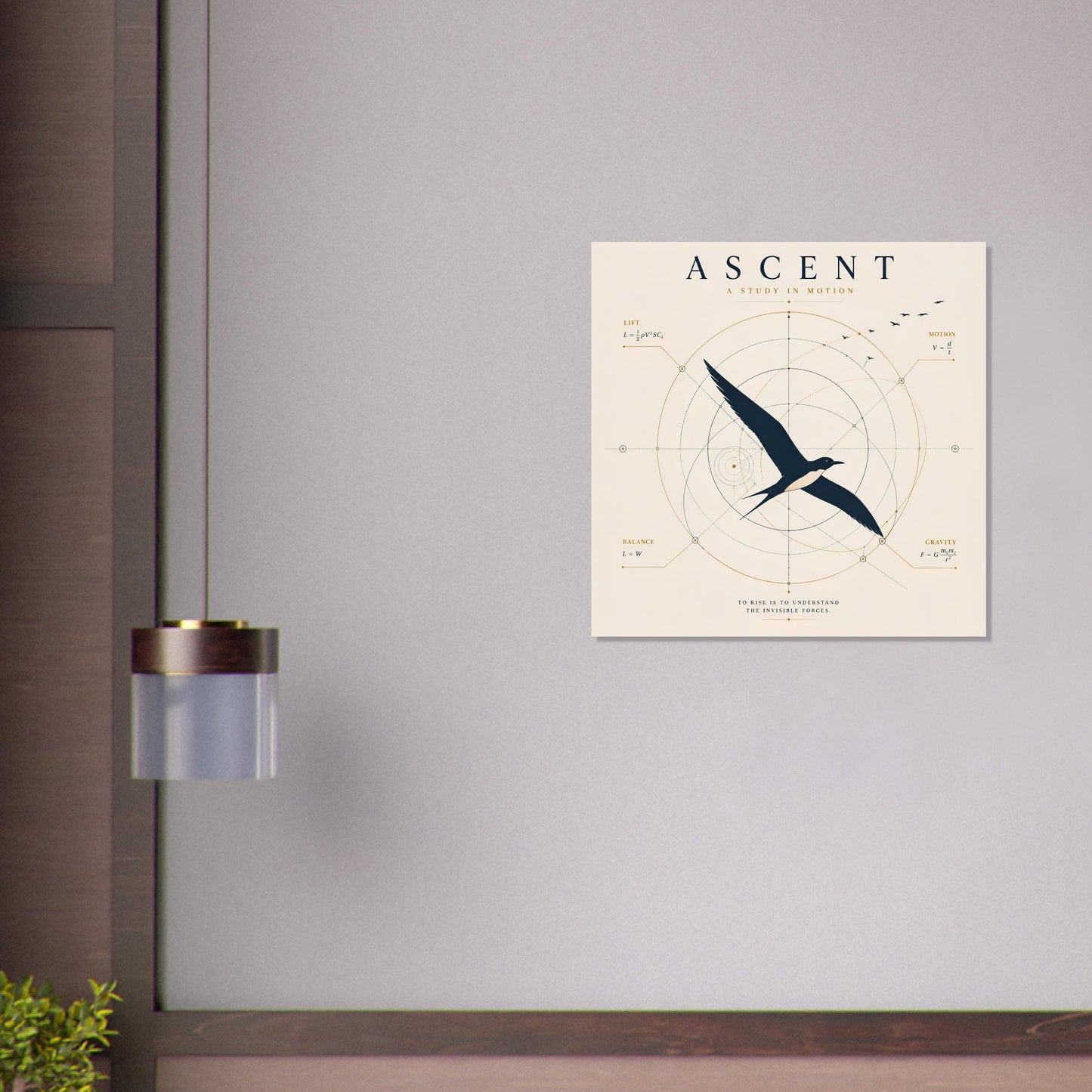Scientific bird wall art with geometric flight design displayed on a neutral wall in a modern minimalist interior.