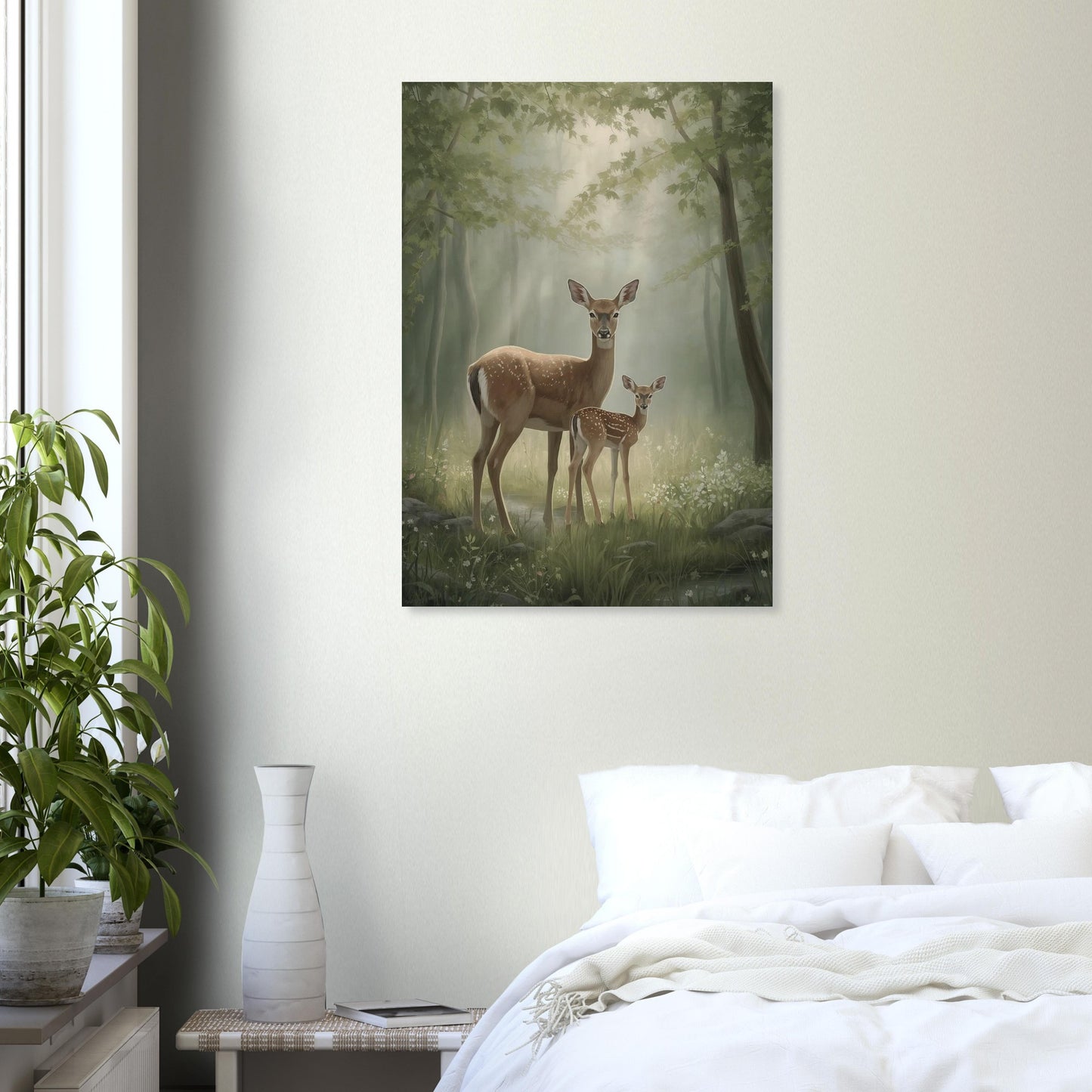 Framed artwork of two deer in a forest scene on a wall above a bed.
