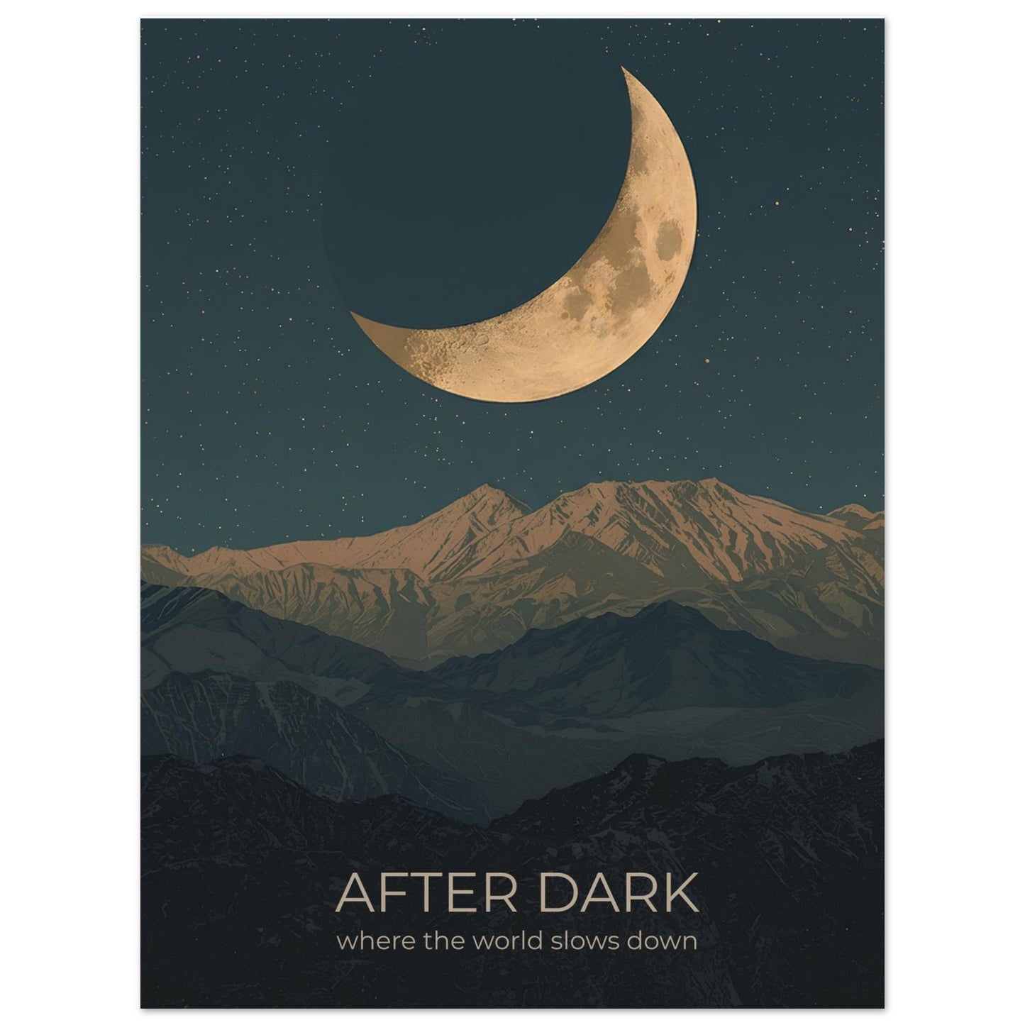 Close-up of After Dark moon wall art featuring a glowing crescent moon above layered mountains in deep navy and teal tones.