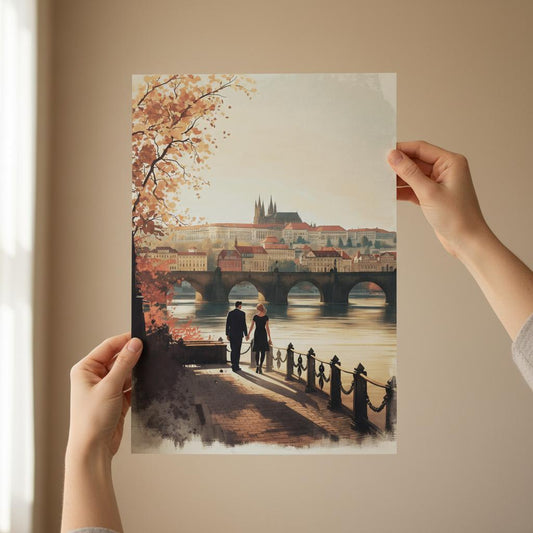 Romantic Prague poster with Charles Bridge and castle skyline at sunset