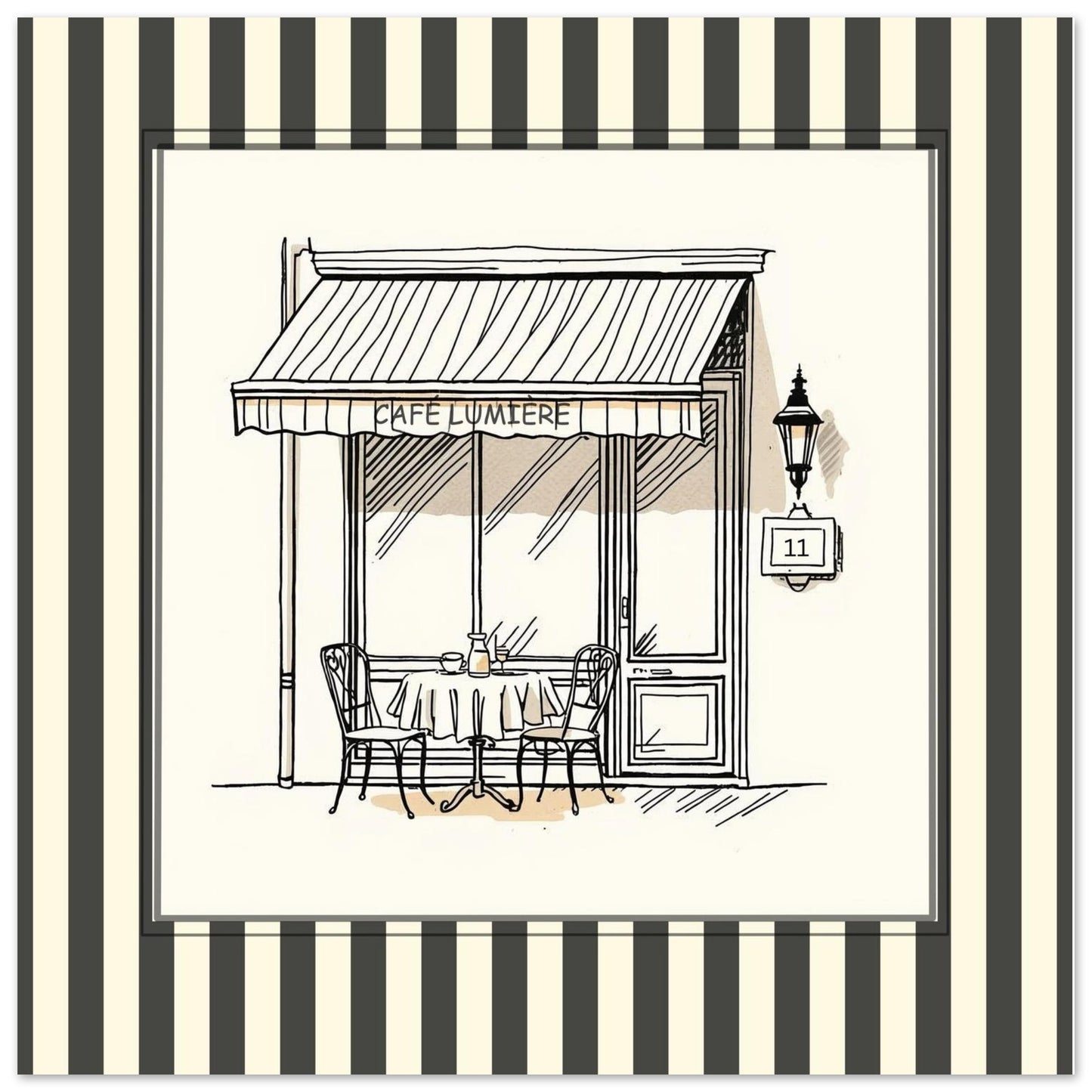 Close-up of Café Lumière Paris square art print with striped border