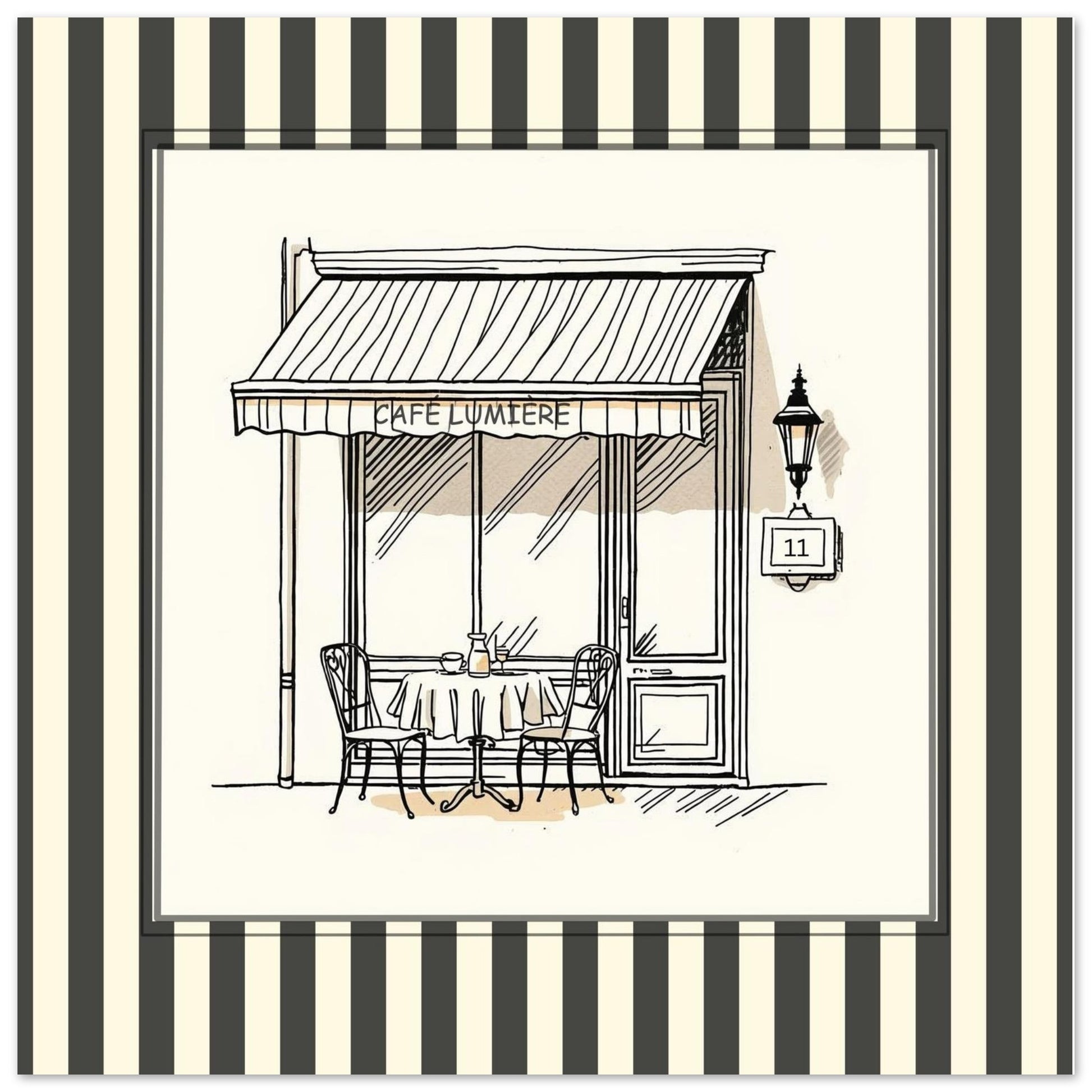 Close-up of Café Lumière Paris square art print with striped border