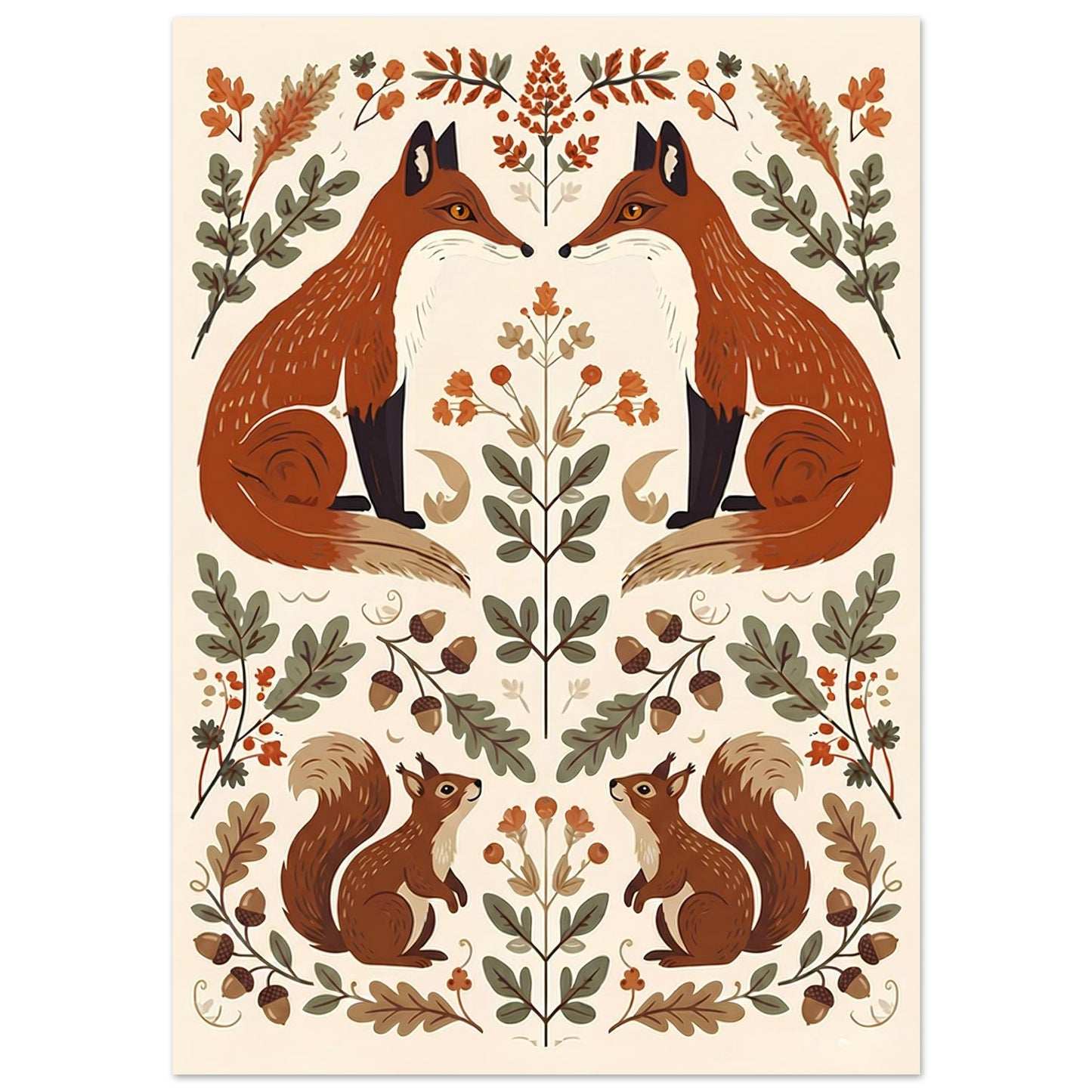 Close-up of Foxes & Ferns woodland wall art featuring red foxes, acorns, ferns and decorative folk art elements.