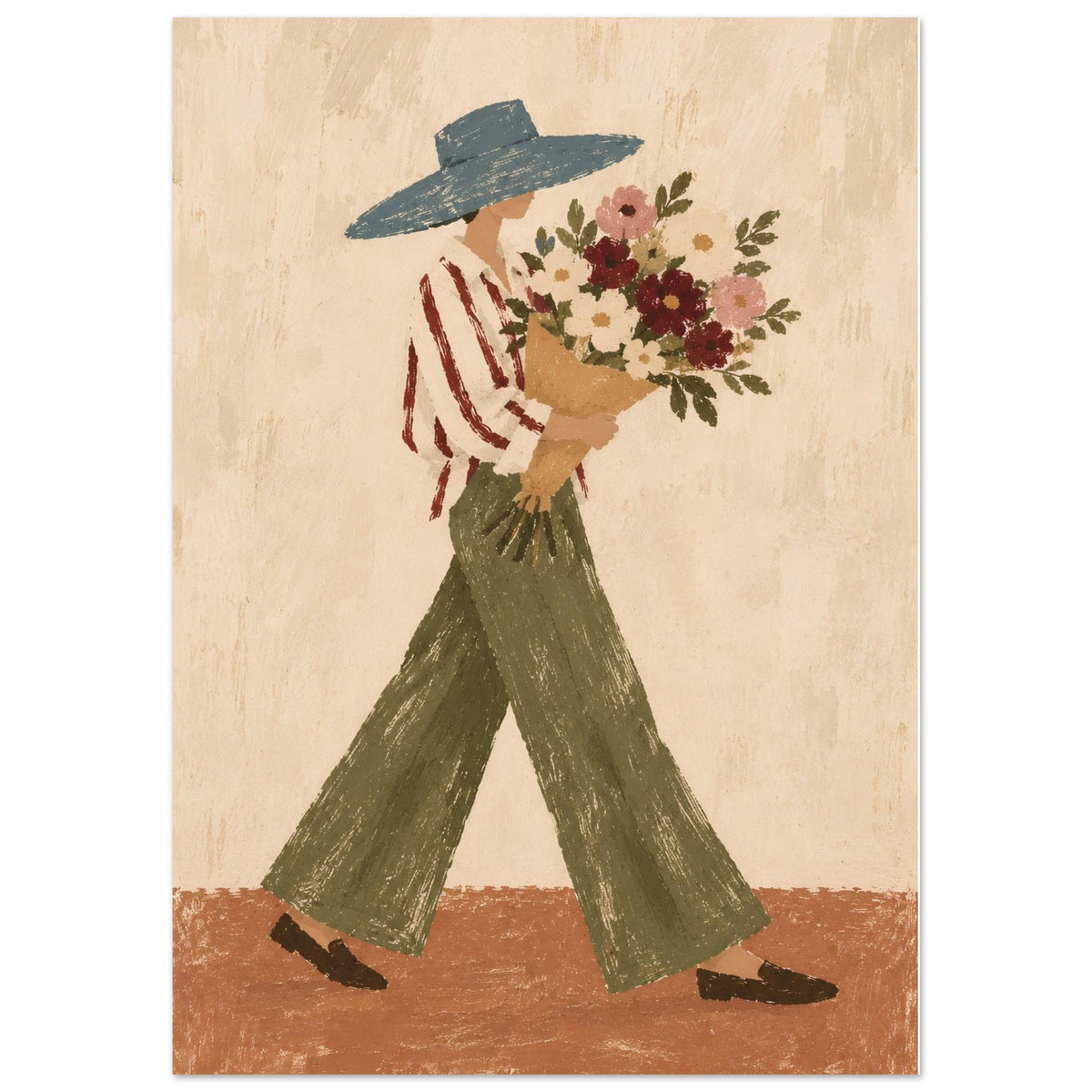 A stylized art print depicting a woman in a wide-brimmed blue hat, a red and white striped shirt, and olive green pants carrying a large bouquet of pink, red, and white flowers, set against a textured beige background.