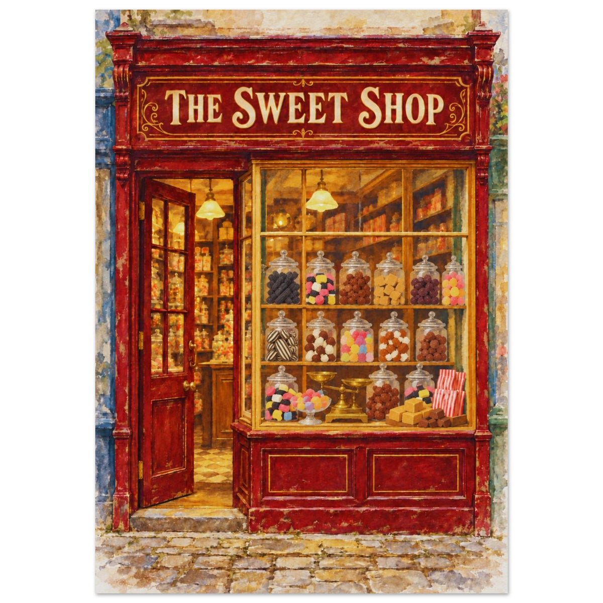 A watercolor-style art print depicting the storefront of 'The Sweet Shop' with a red facade, glass display windows filled with jars of candy, and a cobblestone street in front.
