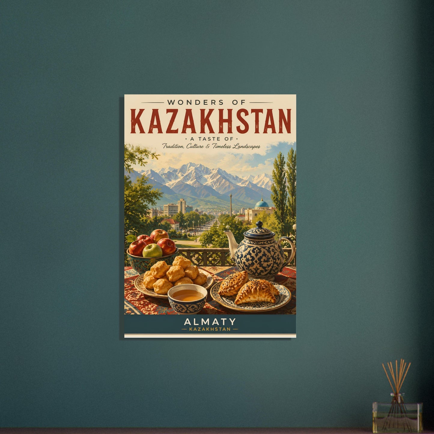 Vintage Kazakhstan travel poster displayed on a dark green feature wall, highlighting the vibrant colours and travel-inspired artwork.