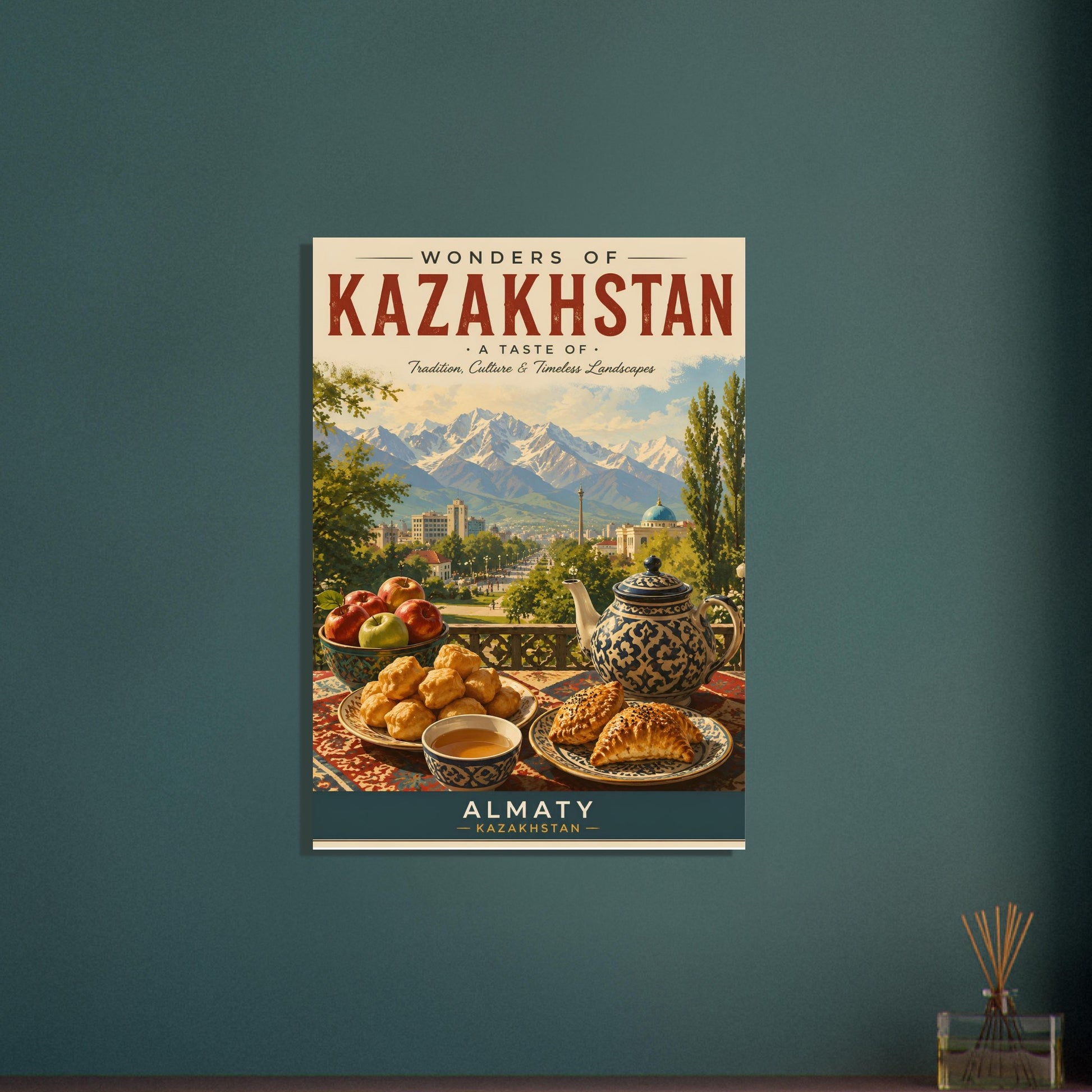 Vintage Kazakhstan travel poster displayed on a dark green feature wall, highlighting the vibrant colours and travel-inspired artwork.