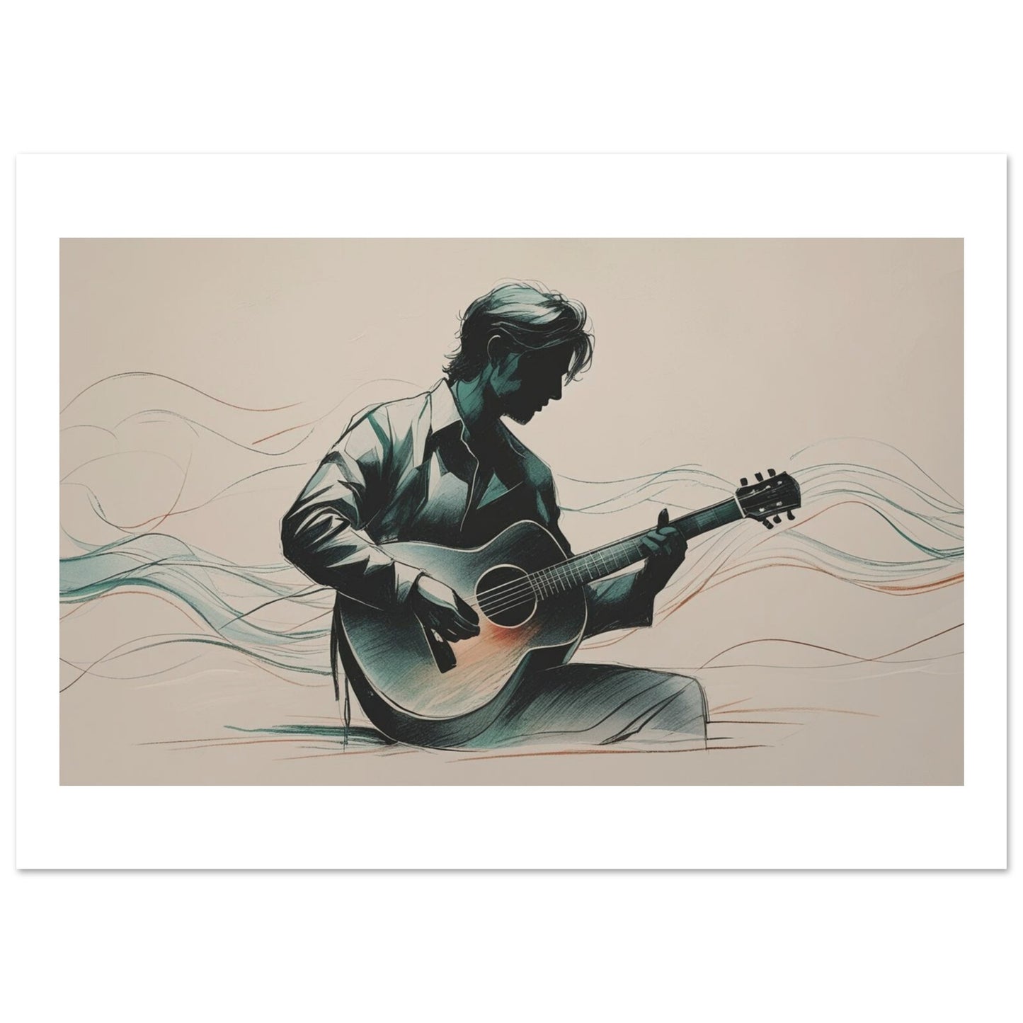 Artistic illustration of a person playing an acoustic guitar on a beige background