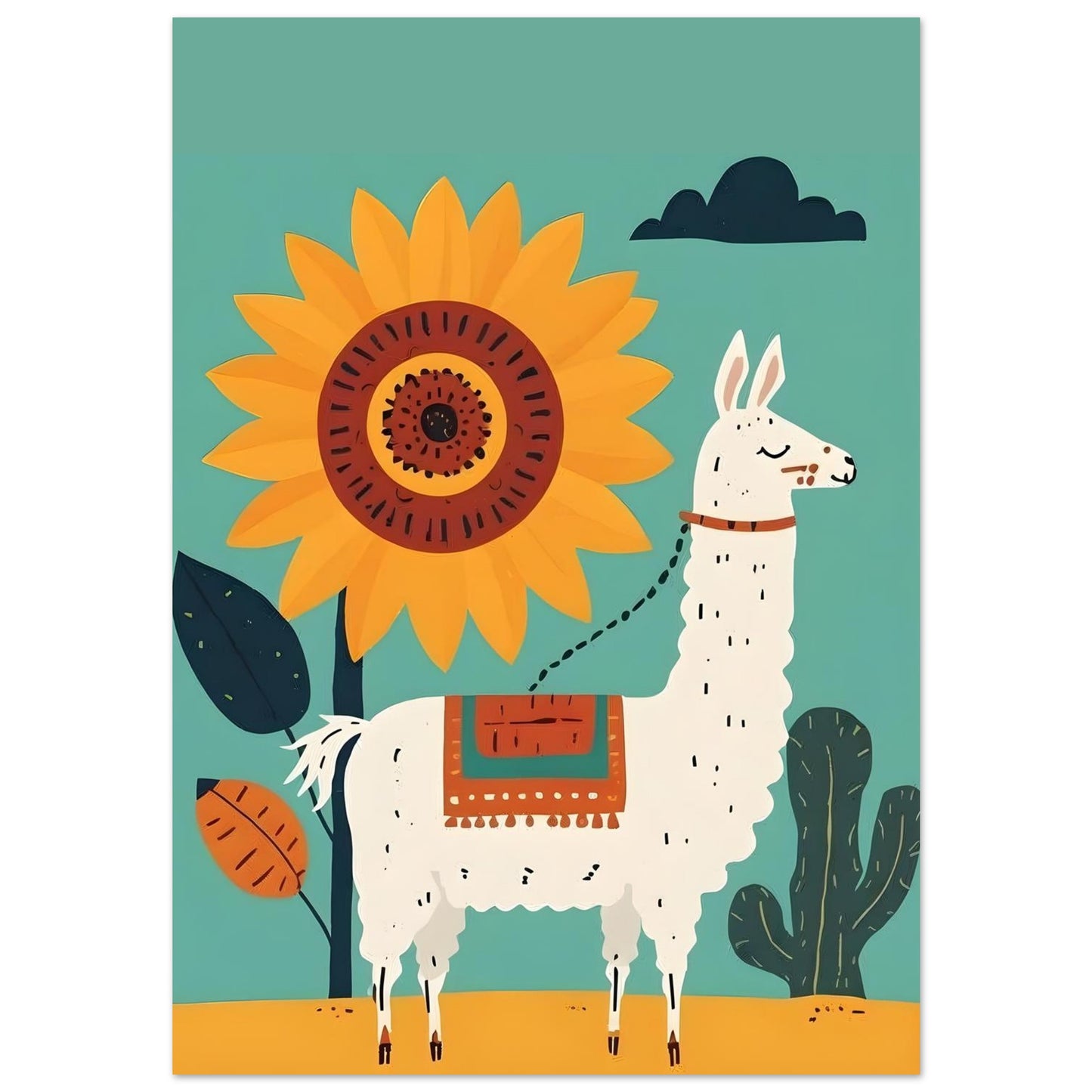 Whimsical Llama Folk Art Poster - Boho Wall Decor - Modern Mid-Century Colors