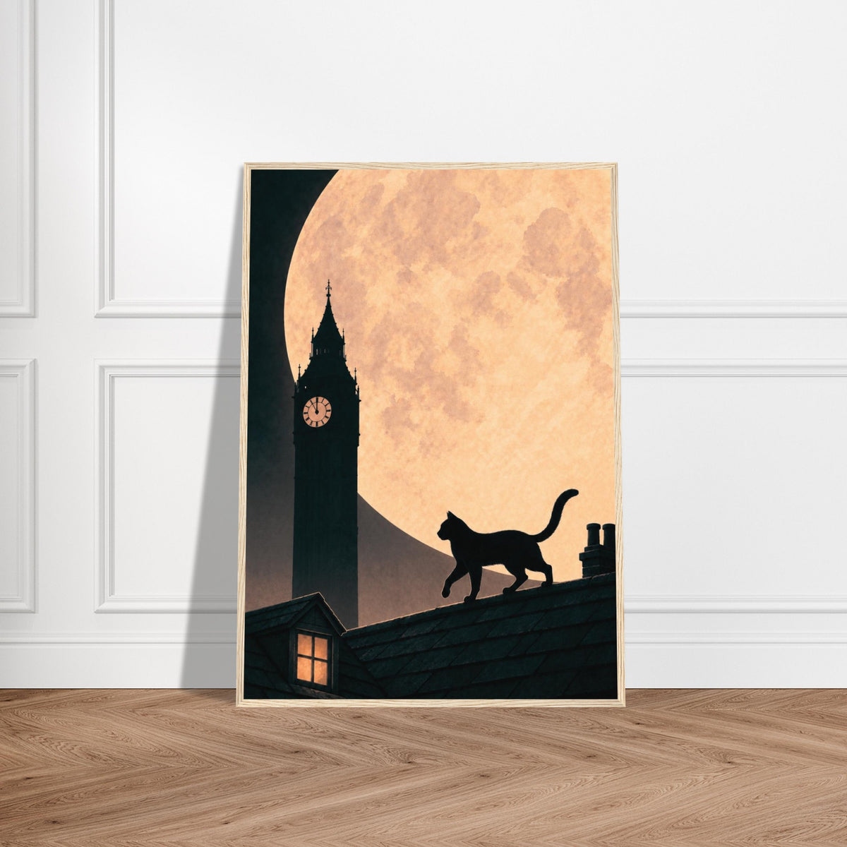Moonlit London cat print leaning against a white panelled wall