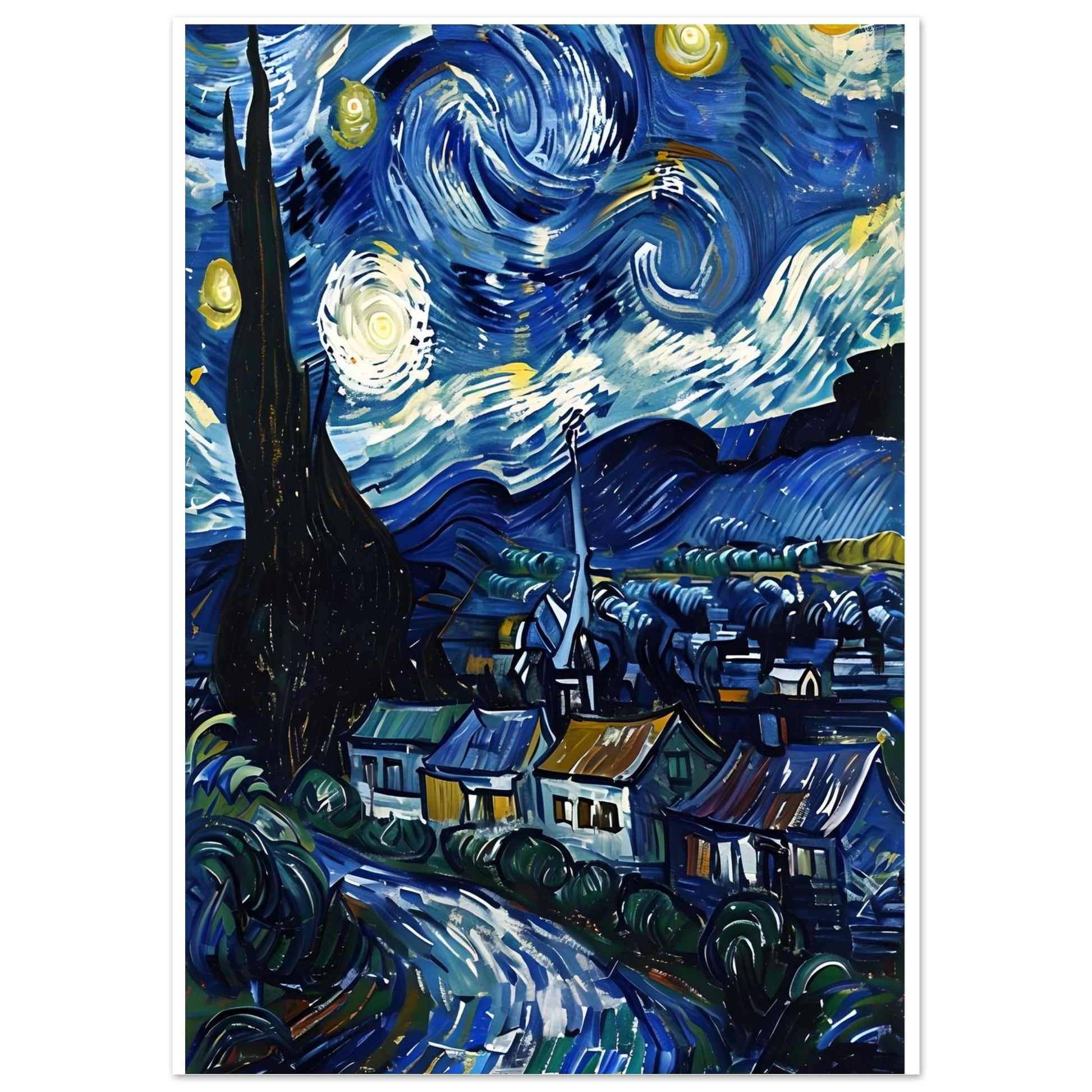 Starry Night painting with swirling night sky and village below