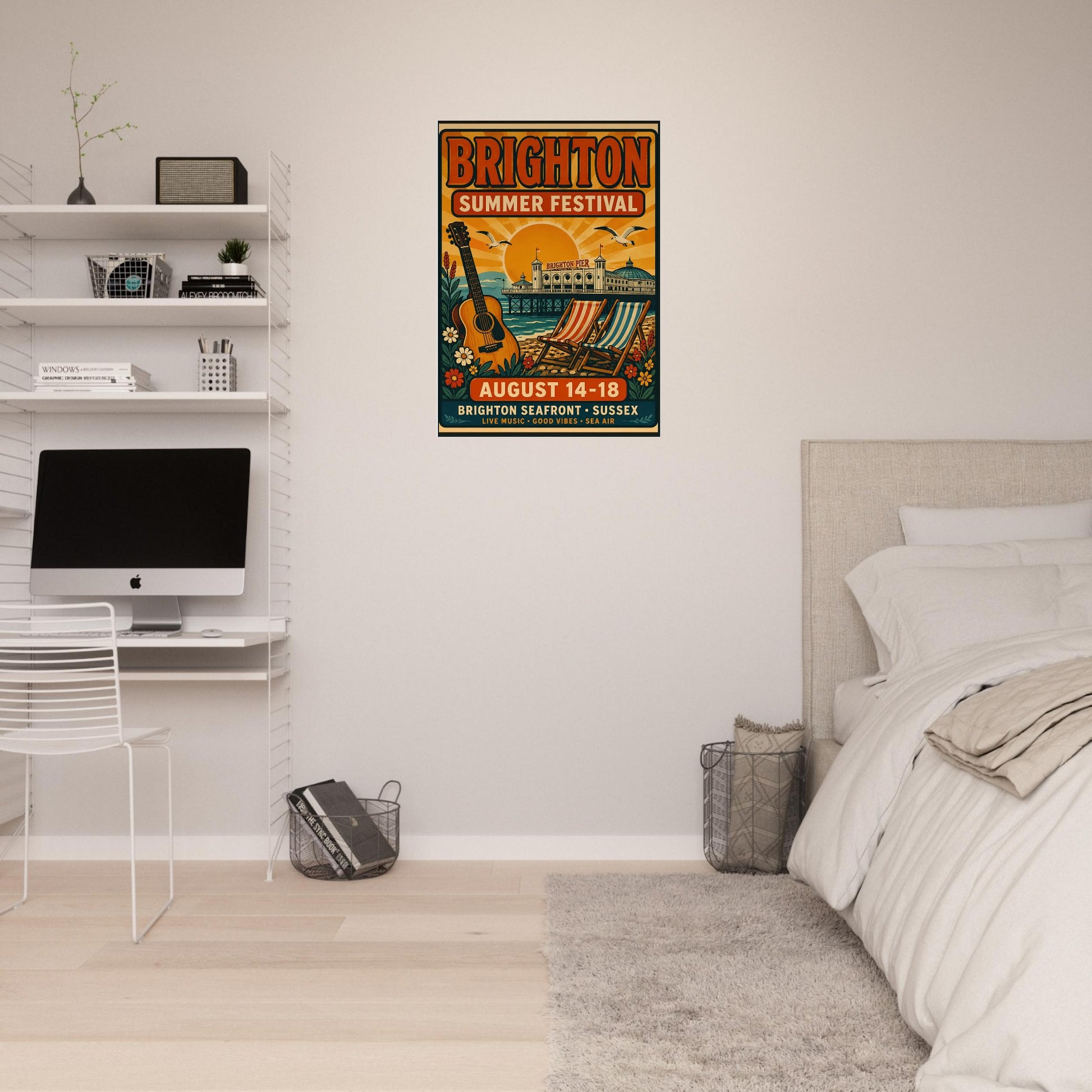 Vintage-style 'Brighton Summer Festival' poster on a wall above a bed in a bedroom.