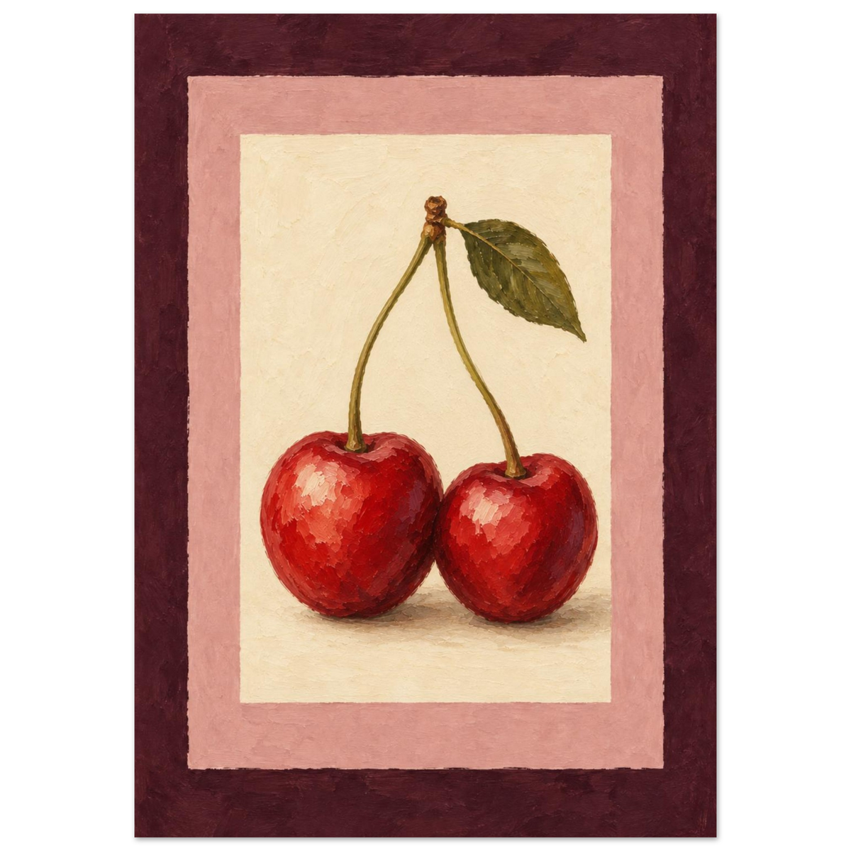 A framed-style art print featuring two red cherries with green stems and leaves on a cream background, surrounded by pink and dark burgundy borders.
