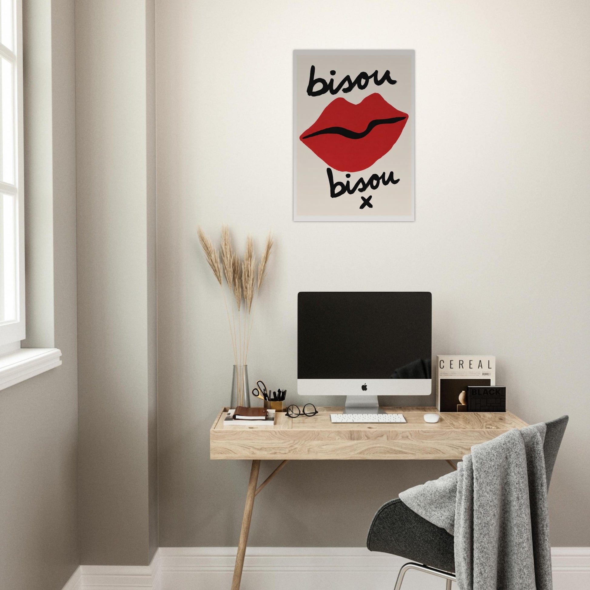 Modern home office with a desk, computer, and decorative wall art. of Bisou Bisou French Lips Poster