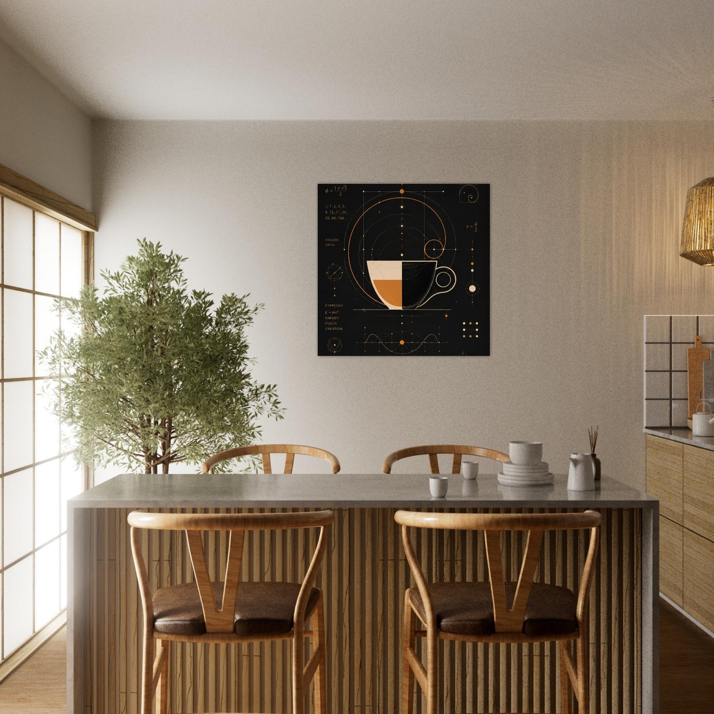 Coffee wall art displayed above a dining table in a contemporary kitchen and dining space.