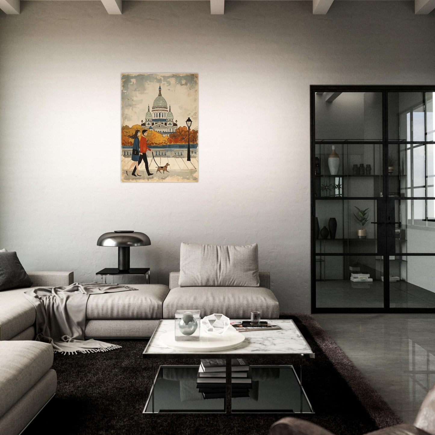 Modern living room with a sectional sofa, coffee table, and decorative wall art.