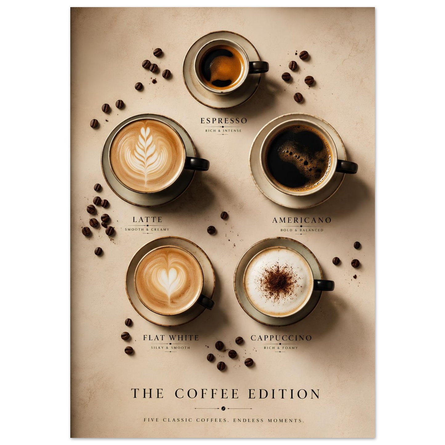 Poster of different coffee types with cups and coffee beans on a beige 