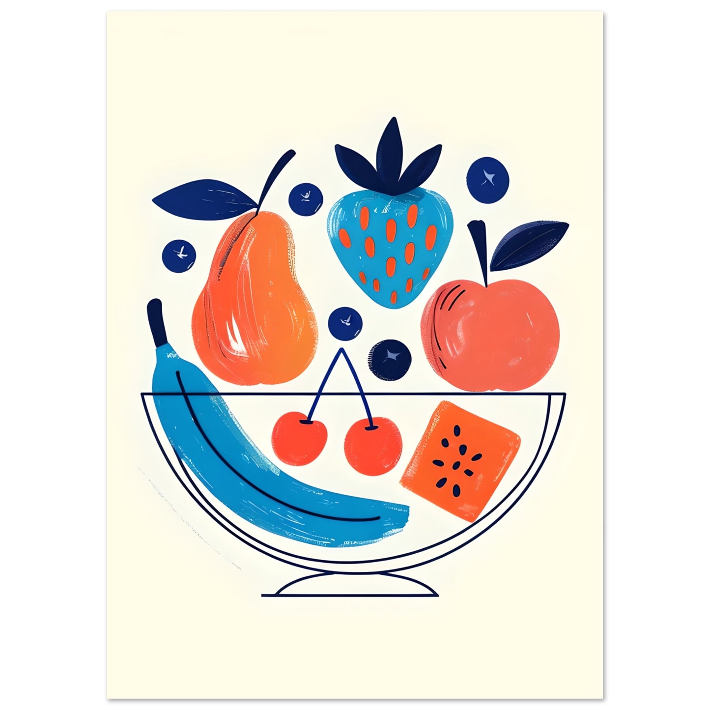 Illustration of a fruit bowl with a pear, strawberry, apple, banana, cherry, and watermelon on a light yellow background.
