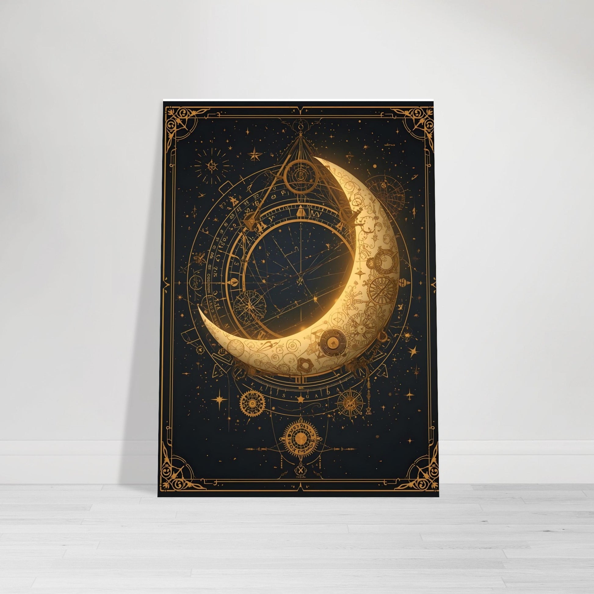 Steampunk crescent moon wall art A4 poster with antique gold clockwork gears and celestial Victorian design