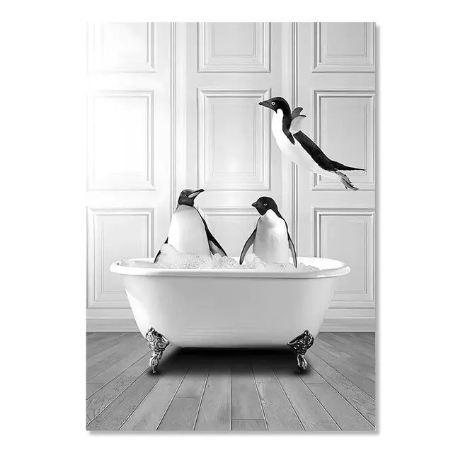Three penguins in a bathtub with a decorative wall and wooden floor in the background