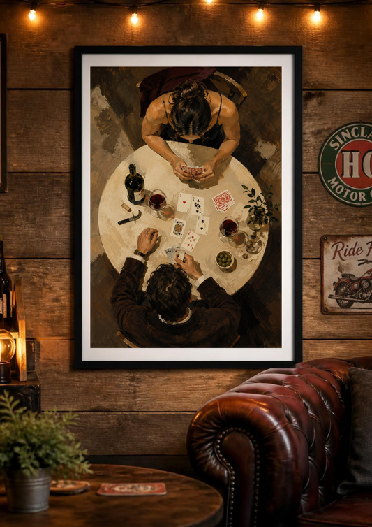 After Dinner couple wall art print showing two people playing cards and drinking red wine, displayed in a dark moody interior.
