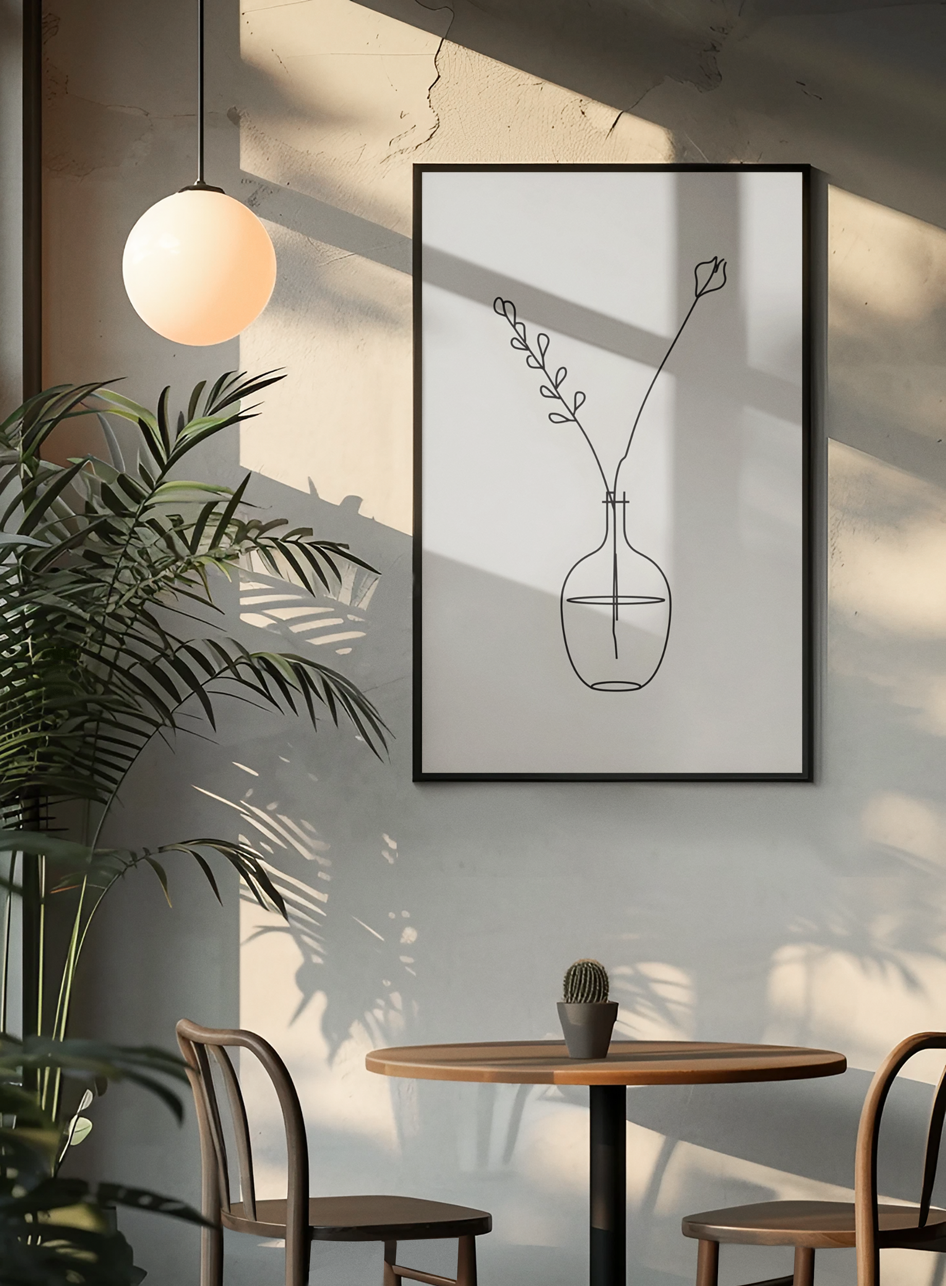 Framed minimalist artwork of a vase with a plant on a wall in a room with a table and chairs.