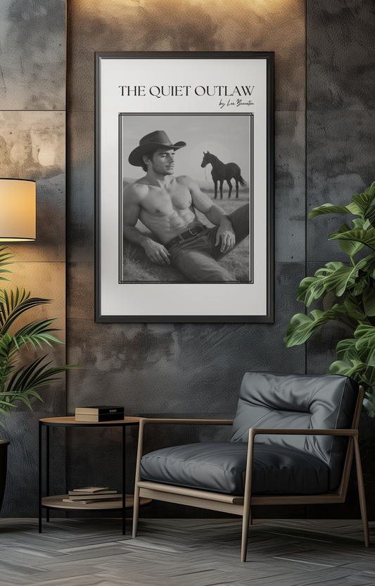 Framed art print titled “The Quiet Outlaw” featuring a cowboy and horse, displayed in a modern room with concrete walls, indoor plants, and a lounge chair.