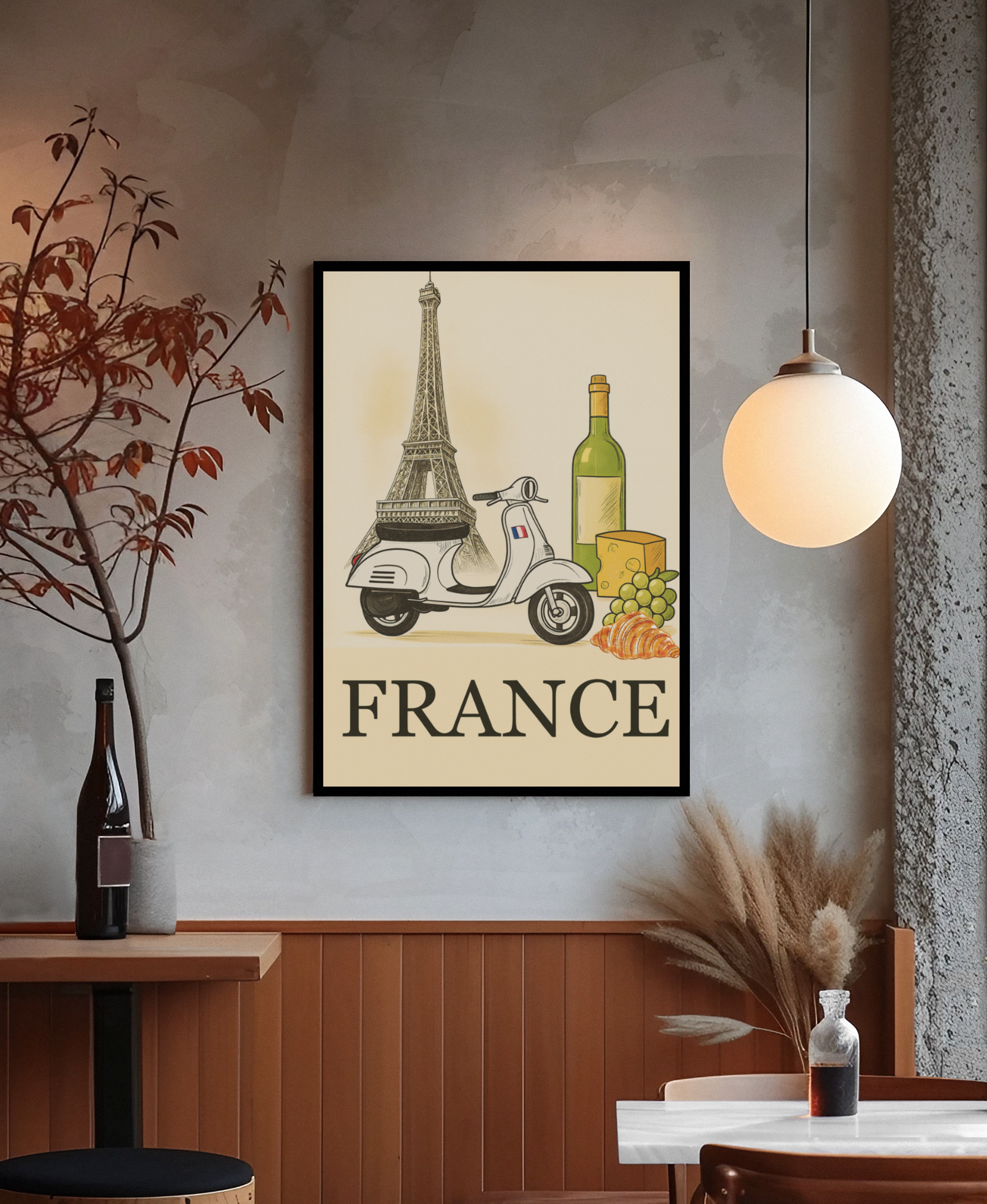 Framed poster of the Eiffel Tower, scooter, and wine bottle on a wall in a room with decor elements.